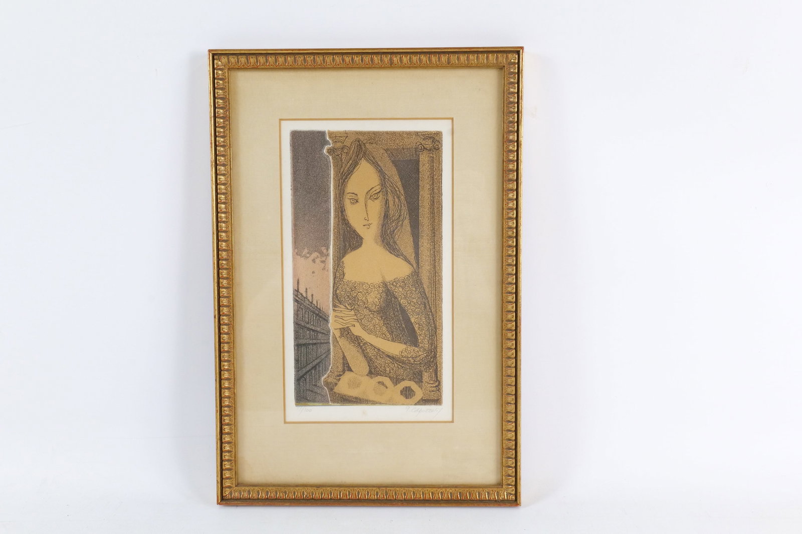 Glauco Capozzoli Limited Edition Etching: Glauco Capozzoli Limited Edition Etching - Woman in Architectural Frame. Hand Signed and Numbered #77/100. Some foxing present on the matte and a little on the white border. Measures 14.5" tall x 10" 