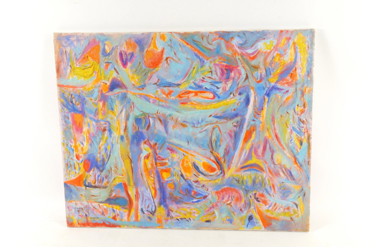 Oil on Canvas by Louis Agostini - Abstract Expressionist: Oil on Canvas by Louis Agostini. Depicting a Modern Design. Louis Agostini was an American Painter known in New York City. Signed lower right - Dated '92. Measures 24" tall x 30" wide. All invoices mu