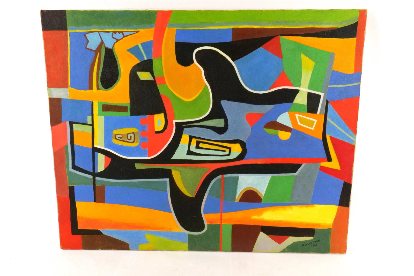 Oil on Canvas by Louis Agostini - Geometric Abstract: Oil on Canvas by Louis Agostini. Depicting a Modern Design - Geometric Abstract. Louis Agostini was an American Painter known in New York City. Signed lower right - Dated '96. Measures 24" tall x 30" 