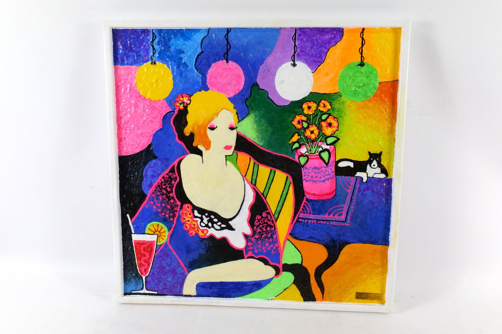 Ruffino Lubis NYC Original Mixed Media Textured Painting - Lady with Cat: Ruffino Lubis NYC Original Mixed Media Textured Painting - Lady with Cat. Signed on back. Dated 2026. Has nameplate on bottom. Framed. Painted on Art Board. Measures 25.25" tall x 25.25" wide. All inv