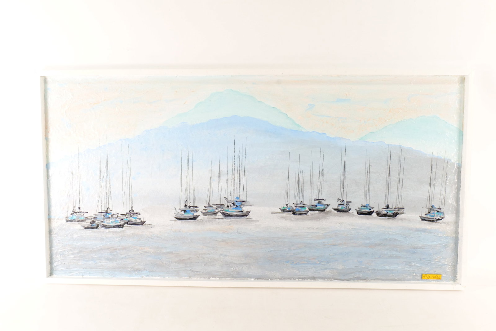Ruffino Lubis NYC Original Mixed Media Textured Painting - Fishing Boats at Bay: Ruffino Lubis NYC Original Mixed Media Textured Painting - Fishing Boats at Bay. Has nameplate on bottom. Framed. Painted on Art Board. Measures 25" tall x 49.5" wide. All invoices must be paid within
