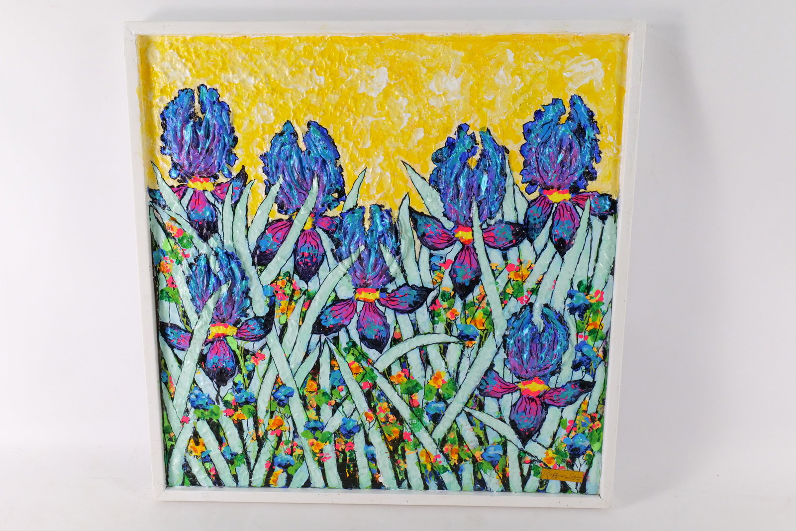 Ruffino Lubis NYC Original Mixed Media Textured Painting - Irises: Ruffino Lubis NYC Original Mixed Media Textured Painting - Irises. Signed and Dated 2026 on back. Heavy Texture. Has nameplate on bottom. Framed. Painted on Art Board. Measures 25.5" tall x 25.25" wid