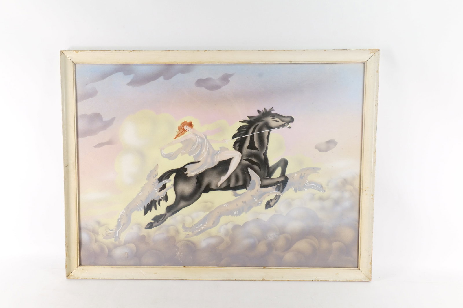 Art Deco Airbrush on Board by Alex Wittmann: Art Deco Airbrush on Board by Alex Wittmann. Featuring Horse and Maiden. Artist signed and copyright in pencil in the clouds. Some scratching and scuffing to the paint. Frame AS-Found. Measures 28.5" 