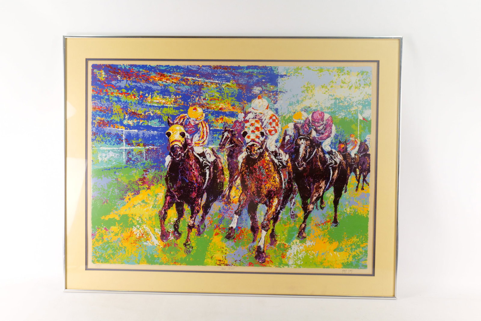Limited Edition Signed Serigraph by Mark King - "Home Stretch": Limited Edition Signed Serigraph by Mark King (1931-2014). Entitled "Home Stretch". Depicting Horse Racing/Jockey's in Motion. Signed and Numbered 178/275. Framed and Matted. Measures 33.5" tall x 43.