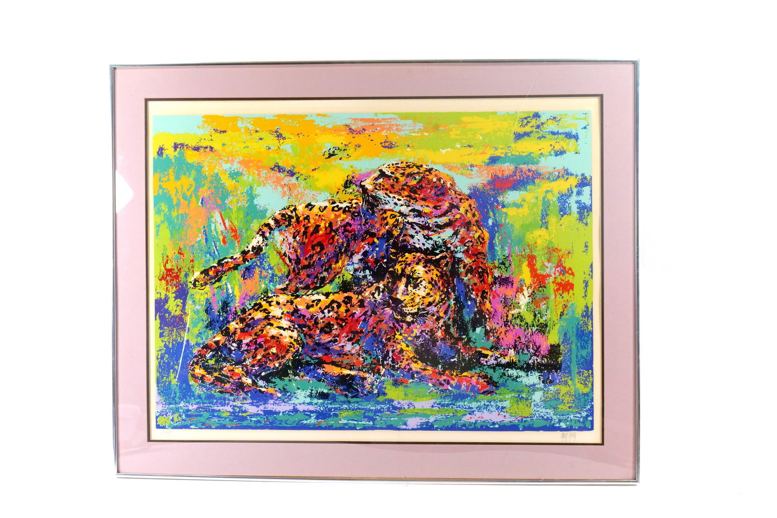 Limited Edition Signed Serigraph by Mark King - Leopards: Limited Edition Signed Serigraph by Mark King (1931-2014) - Leopards. Signed and Numbered #231/275. Framed and Matted. Some light scratching on the plexiglass. Measures 34.5" tall x 43.5" wide. All in