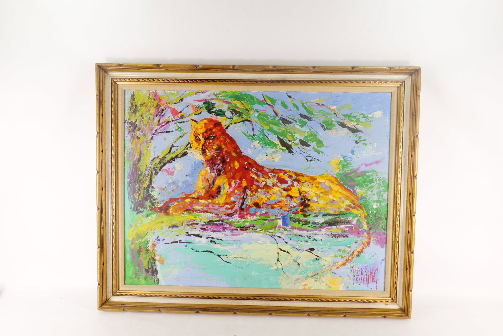 Original Oil on Canvas by Mark King - Reclining Leopard.: Original Oil on Canvas by Mark King. Depicting a Reclining Leopard. Artist signed lower right. Measures 36.5" tall x 46.75" wide. All invoices must be paid within 24 hours of the sale. We offer multip