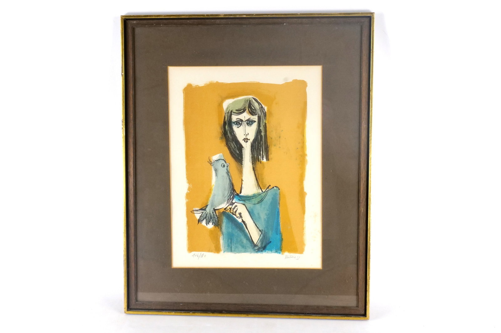 Limited Edition Signed Lithograph by Sami Briss - "Girl with Bird": Limited Edition Signed Lithograph by Sami Briss - "Girl with Bird" - Mid Century Modern Folk Art. Numbered 176/180. Framed and Matted. Foxing to the matte. Measures 25.5" tall x 21" wide. All invoices