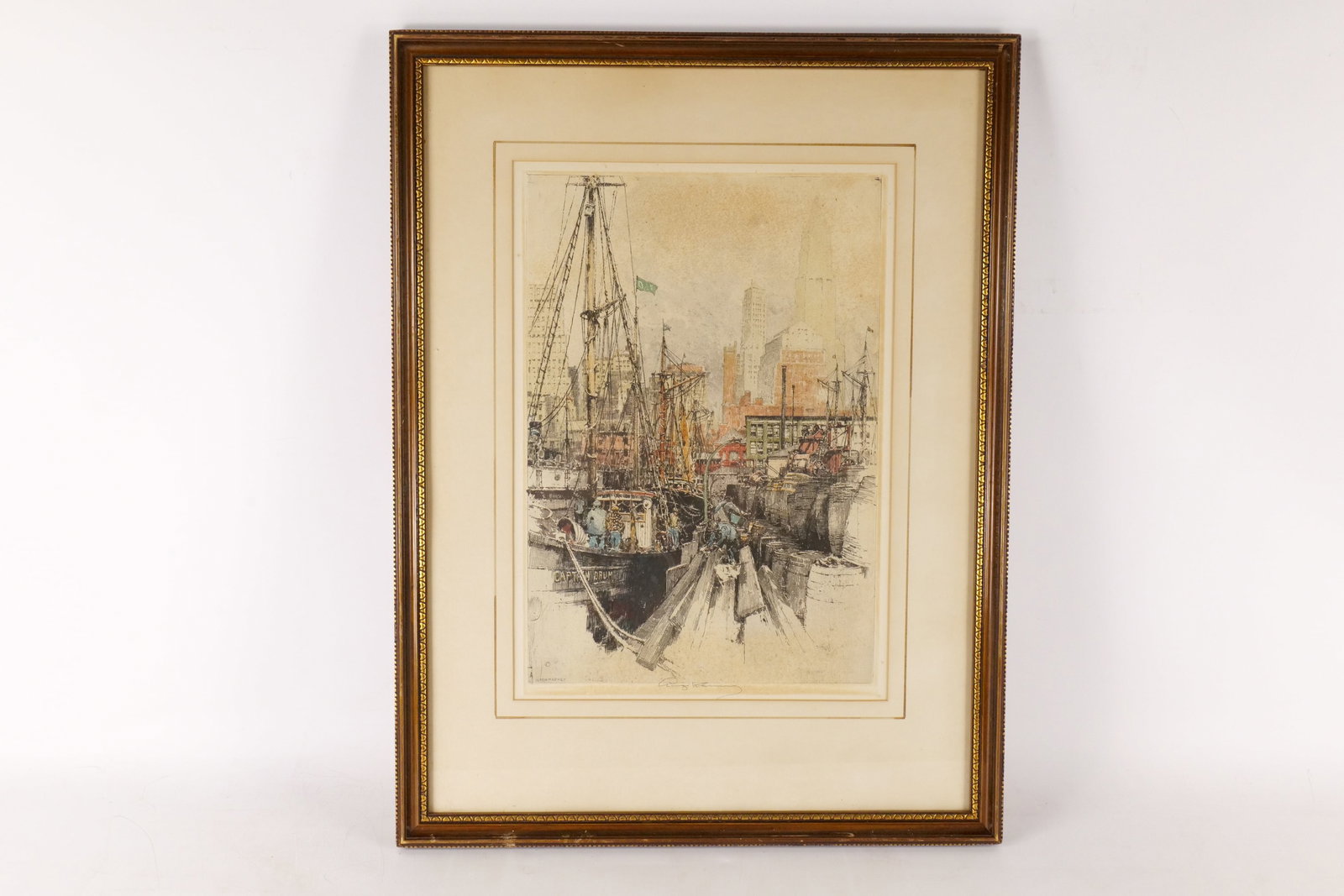 Antique Signed Etching "Fulton Market" by Irving Amen: Antique Signed Etching "Fulton Market" by Irving Amen. Depicting a maritime scene at New York's Fulton Market. Signed on the bottom middle. Frame has some nicks. Measures 26.5" tall x 20" wide. All in