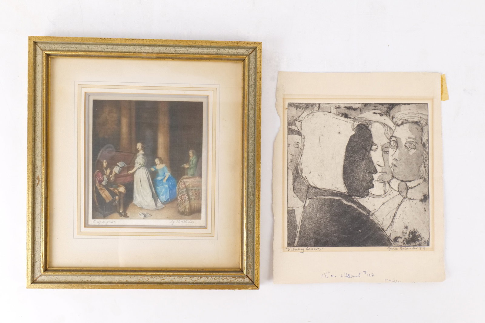 Lot of 2 Mid Century Modern Prints: Lot of 2 Mid Century Modern Prints. Including Etching Entitled "Subway Riders" by Jack Balaunder - Dated 1959 and Original Engraving by H. Vetsher depicting a Classical Musical Scene. One framed. Unfr
