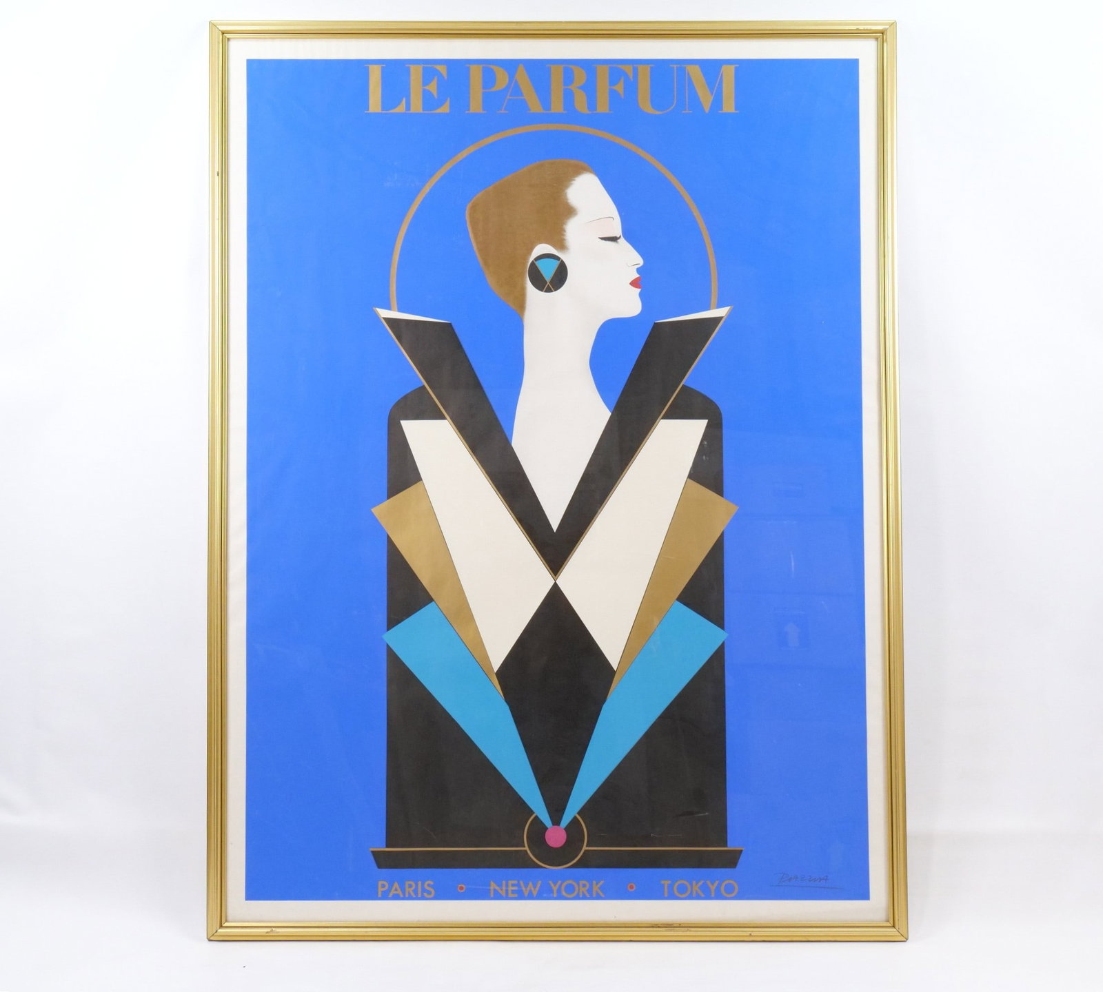 Oversized La Parfum Advertising Poster by Razzia: Oversized La Parfum Advertising Poster by Razzia. Art Deco Aesthetic. Hand signed lower right. Mounted on board. Can not be rolled. Measures 64.75" tall x 49" wide. All invoices must be paid within 24