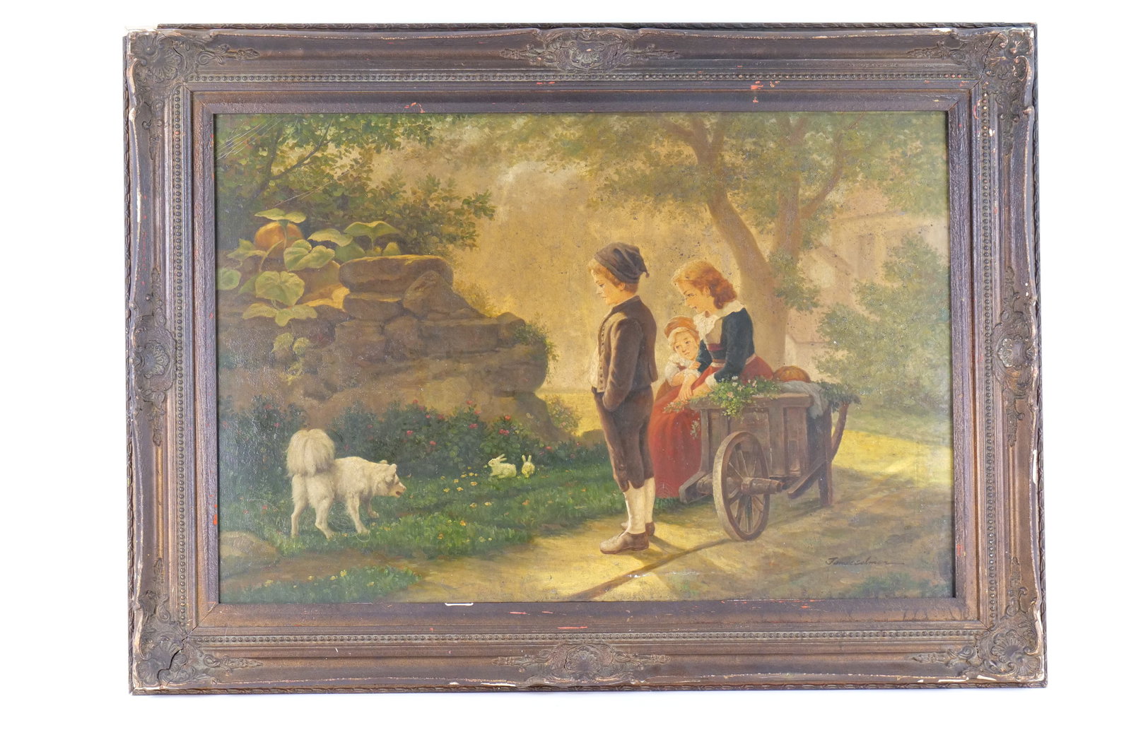 Antique Style Oil on Canvas - European Village: Antique Style Oil on Canvas - Depicting European Village - Children with Dog and Rabbits. Signed lower right. Circa Late 20th Century. Frame AS-Found. Measures 32" tall x 44" wide. All invoices must b