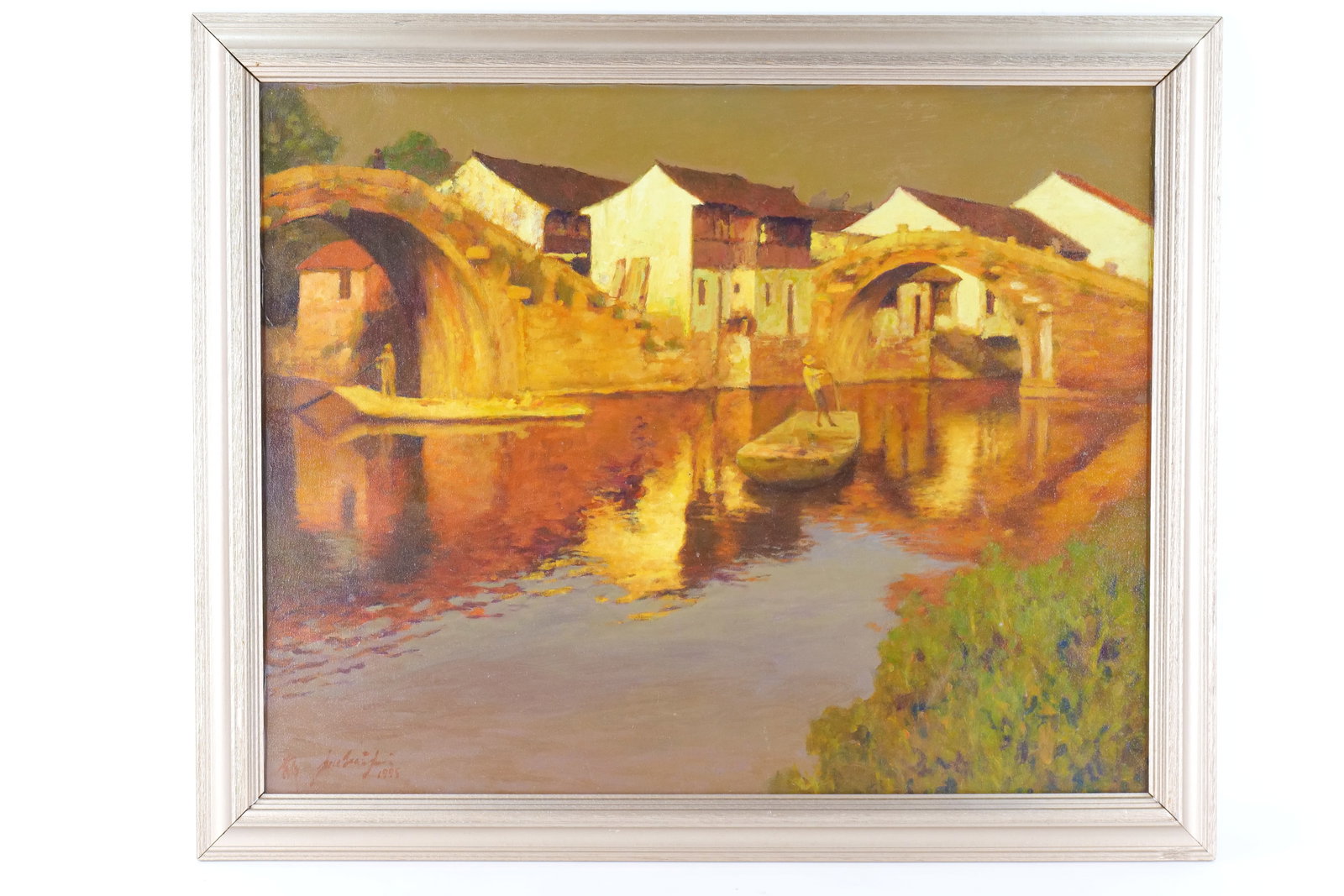 Oil on Canvas by Xue Jian Xin: Oil on Canvas by Xue Jian Xin. Depicting a harbor scene with a man in rowboat. Artist signed lower left and Dated 1995. Measures 28.5" tall x 34.25" wide. All invoices must be paid within 24 hours of 