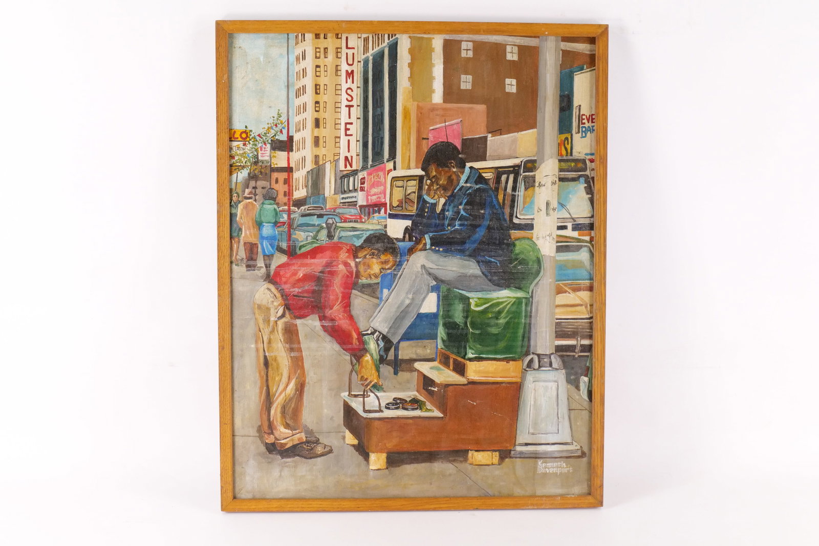 Oil on Canvas by Kenneth Davenport - New York Shoe Shine: Oil on Canvas by Kenneth Davenport - New York Shoe Shine. Illustrative Scene with Blumstein Store in the background which was in Harlem on 125th Street. Surface scuffs and some minor paint loss. Also 