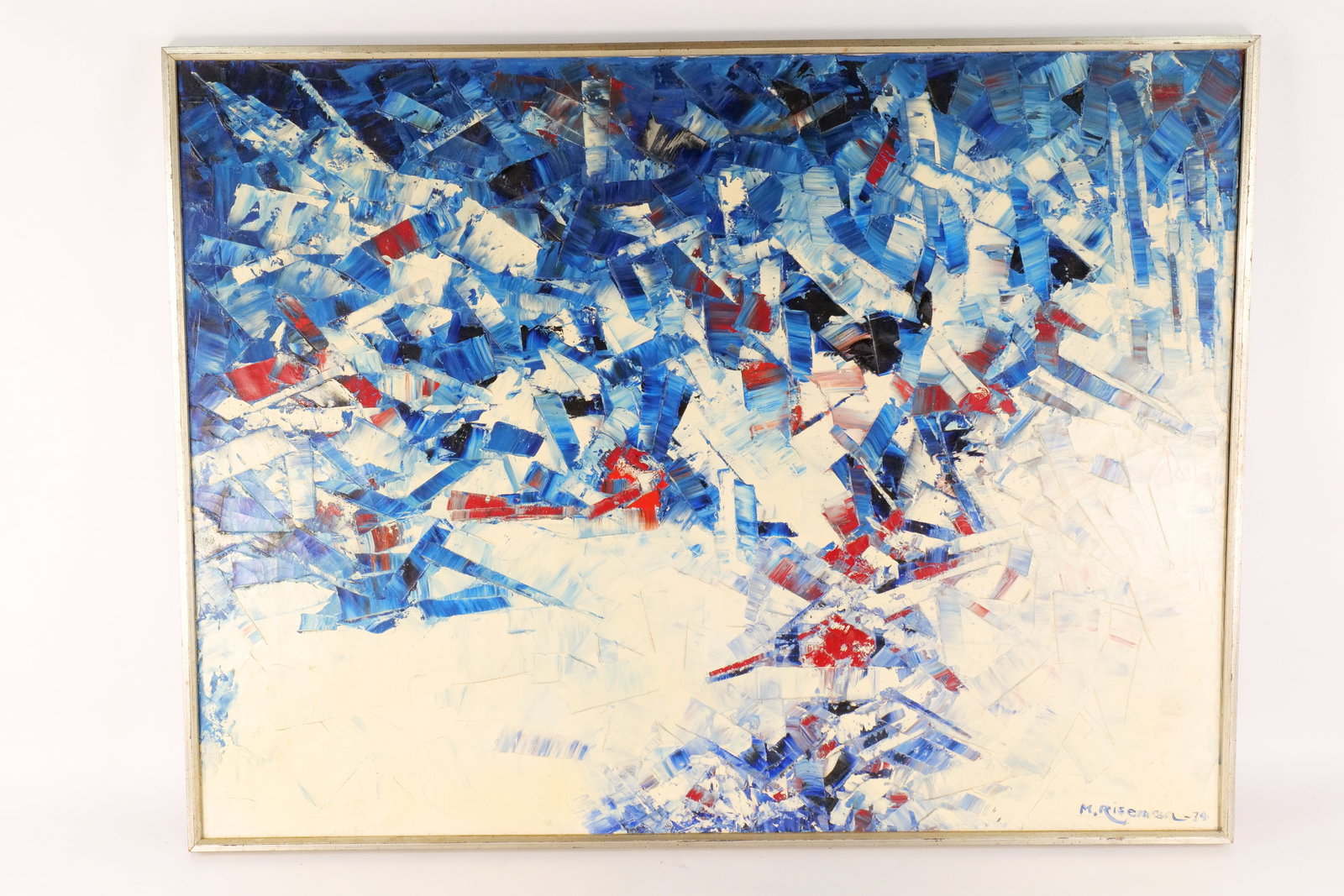 Abstract Oil on Canvas by Marion Riseman: Abstract Oil on Canvas by Marion Riseman (1928-2010). Artist Signed lower right and Dated '74. Measures 30.75" tall x 41" wide. All invoices must be paid within 24 hours of the sale. We offer multiple