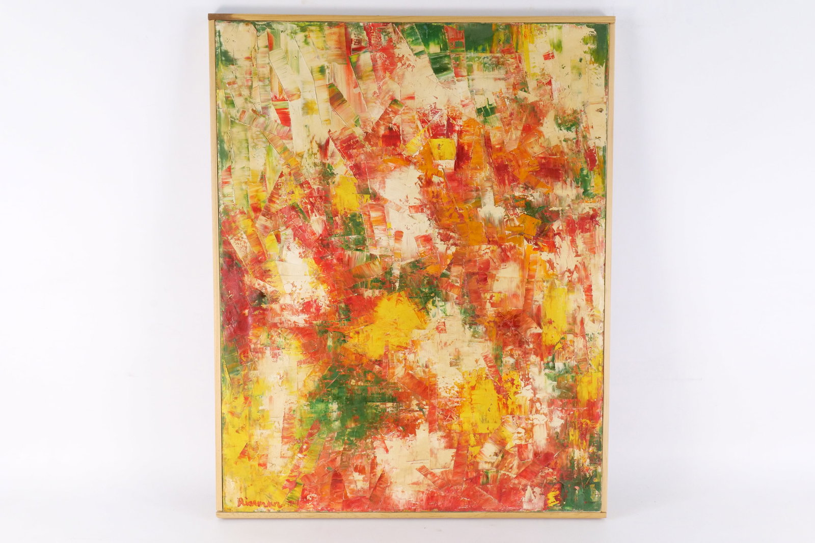 Abstract Oil on Canvas by Marion Riseman: Abstract Oil on Canvas by Marion Riseman (1928-2010). Artist Signed lower left and Dated '74. Measures 28.75" tall x 23" wide. All invoices must be paid within 24 hours of the sale. We offer multiple 