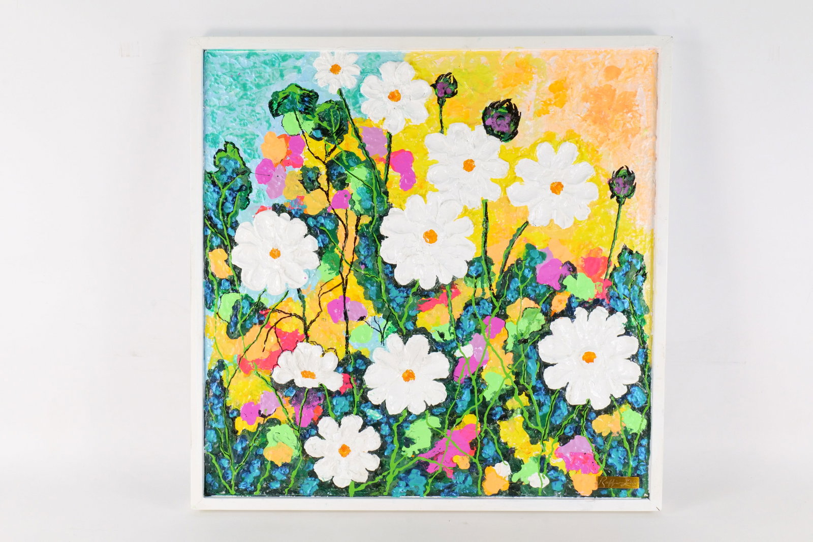Ruffino Lubis NYC Original Mixed Media Textured Painting - Daisies: Ruffino Lubis NYC Original Mixed Media Textured Painting - Daisies. Has nameplate on bottom. Framed. Painted on Art Board. Signed and Dated 2026 on Back. Measures 25" tall x 25.5" wide. All invoices m