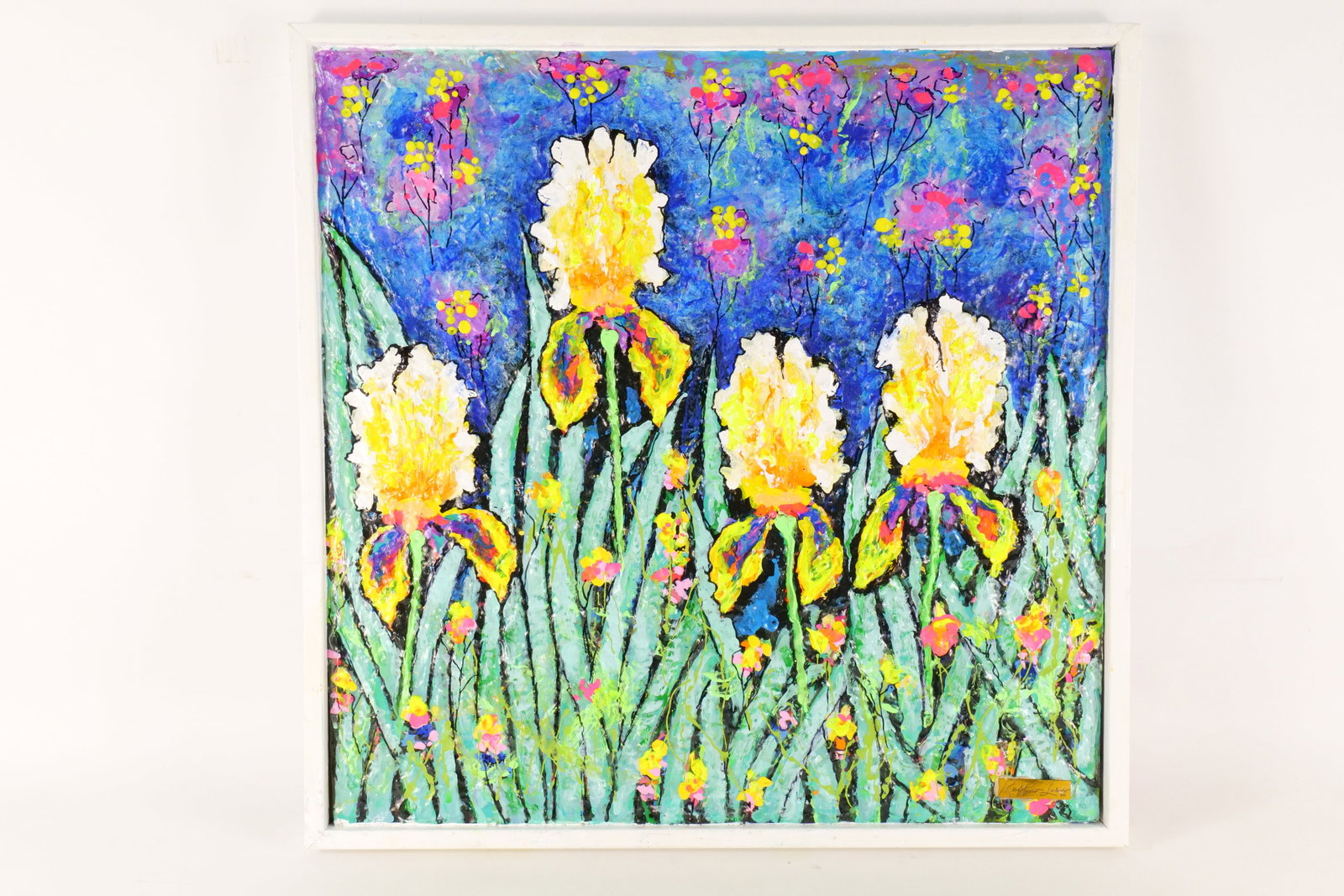 Ruffino Lubis NYC Original Mixed Media Textured Painting - Irises: Ruffino Lubis NYC Original Mixed Media Textured Painting - Irises. Has nameplate on bottom. Framed. Painted on Art Board. Signed and Dated 2026 on Back. Measures 25.5" tall x 25.75" wide. All invoices