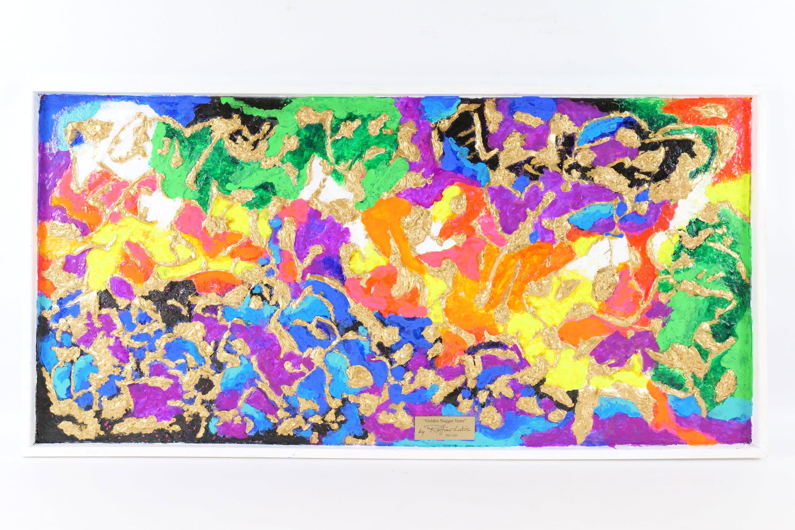 Ruffino Lubis NYC Original Mixed Media Textured Painting - "Golden Nugget Tears": Ruffino Lubis NYC Original Mixed Media Textured Painting - Entitled "Golden Nugget Tears". Has nameplate on bottom - Dated 2025. Framed. Painted on Art Board. Measures 24.5" tall x 49.25" wide. All in