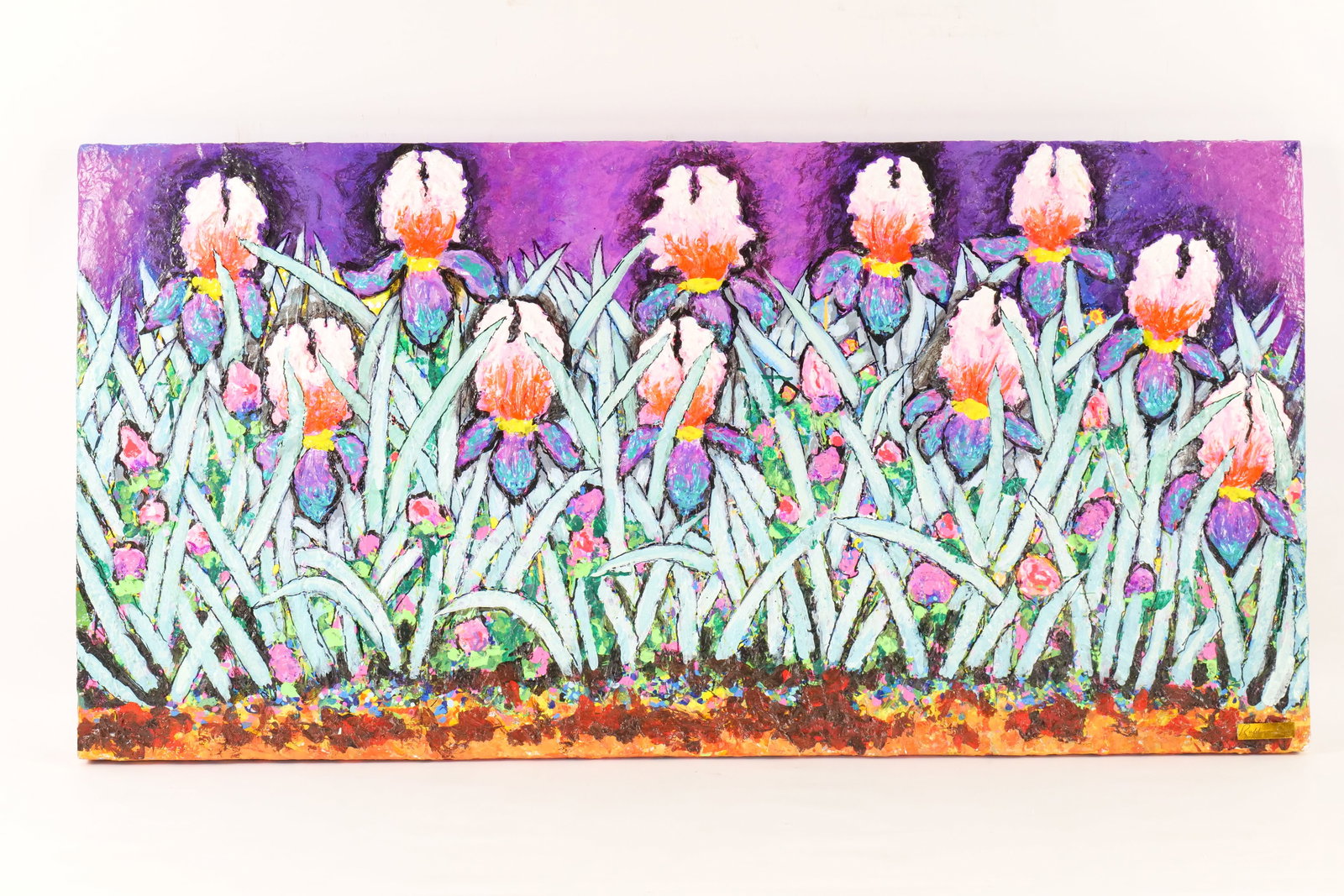 Ruffino Lubis NYC Original Mixed Media Textured Painting - Pink Iris: Ruffino Lubis NYC Original Mixed Media Textured Painting. Depicting Pink Iris. Has nameplate on bottom. Signed and Dated on Back 2025. Unframed. Painted on Art Board. Measures 24" tall x 48" wide. All