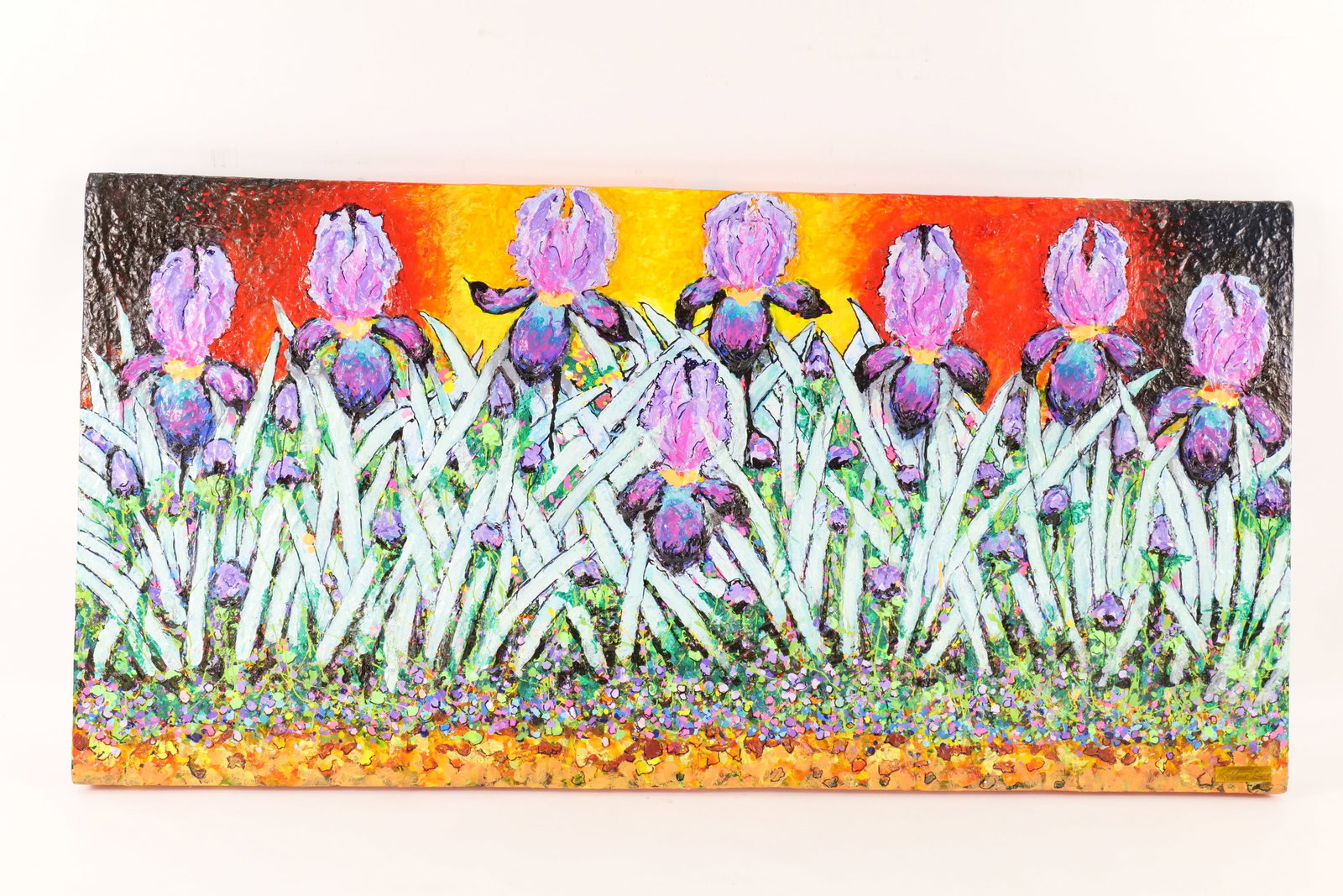 Ruffino Lubis NYC Original Mixed Media Textured Painting. Depicting Irises: Ruffino Lubis NYC Original Mixed Media Textured Painting. Depicting Purple Iris. Has nameplate on bottom. Signed and Dated on Back 2026. Unframed. Painted on Art Board. Measures 24" tall x 48" wide. A