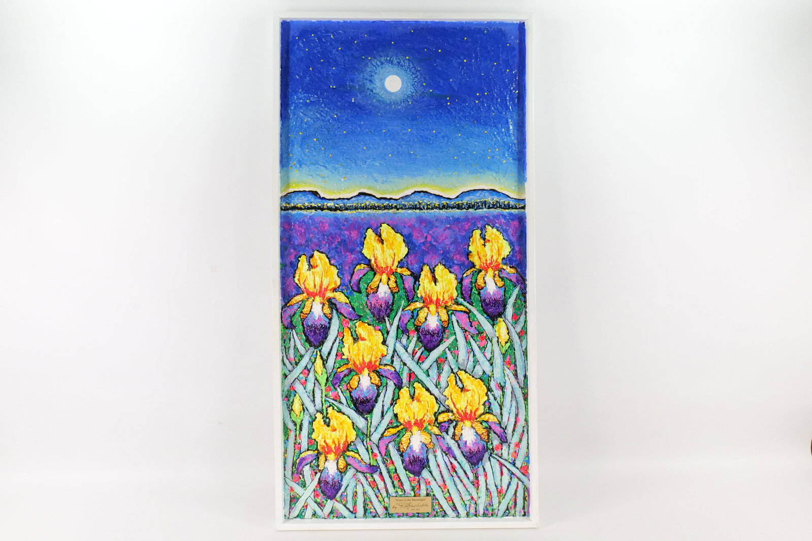 Ruffino Lubis NYC Original Mixed Media Textured Painting - Irises in the Moonlight: Ruffino Lubis NYC Original Mixed Media Textured Painting. Entitled "Irises in the Moonlight". Has nameplate on bottom. Dated 2025. Framed. Painted on Art Board. Measures 49.25" tall x 25" wide. All in