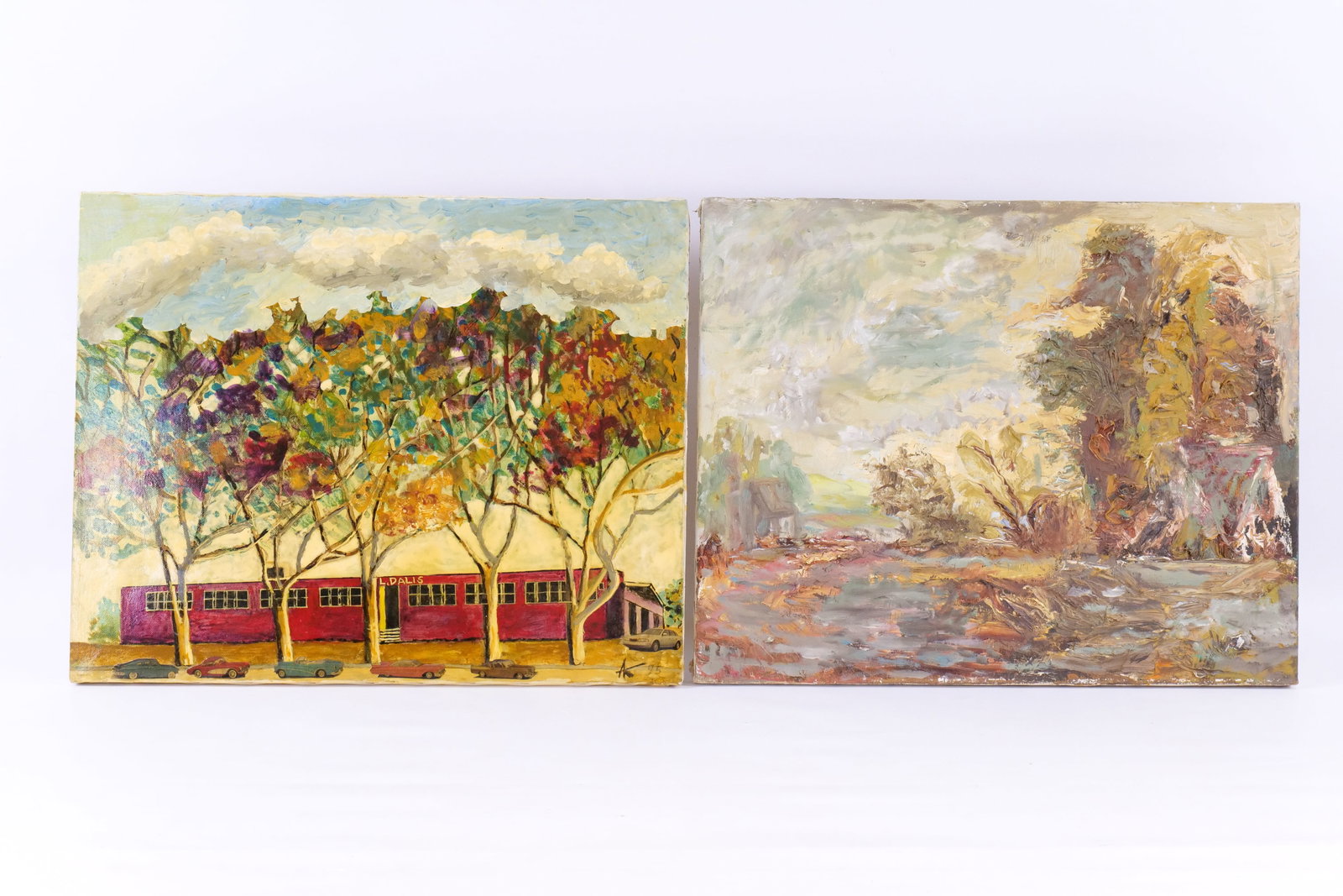 Lot of 2 Oil on Canvas Paintings: Lot of 2 Oil on Canvas Paintings. One with L.Dalis Street Scene by Alex Krakhmalnikov and Dated 95 on the lower right with handwritten notations on the back. The other is more of an atmospheric landsc