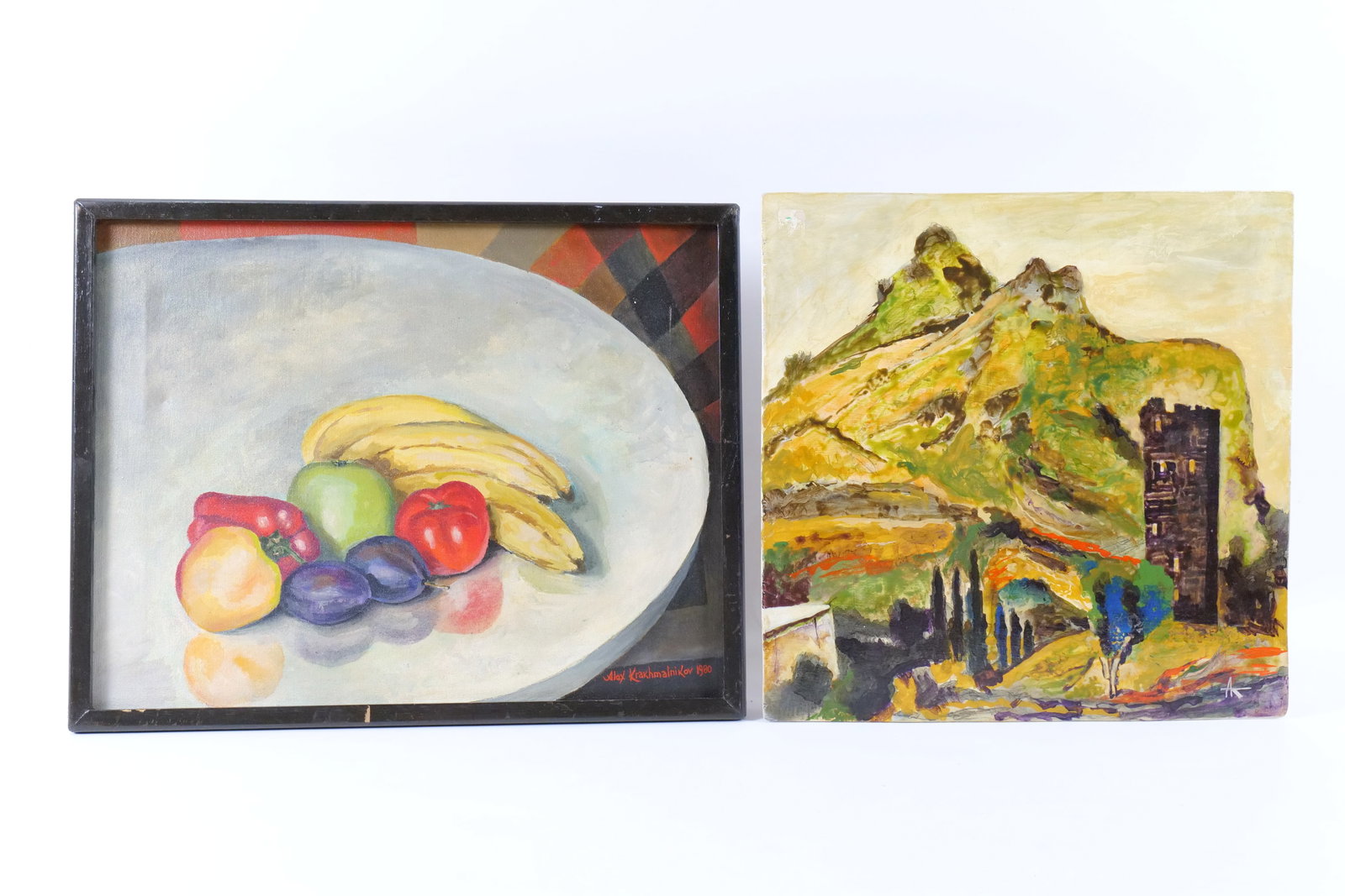 Lot of 2 Oil Paintings by Alex Krakhmalikov: Lot of 2 Oil Paintings by Alex Krakhmalikov. Including Oil on Canvas - Still Life - Dated 1980 and Oil on Board "Crimea, 1929:Study from Memory" Dated 1995 - Unframed. Both Signed. Measures 15" tall x