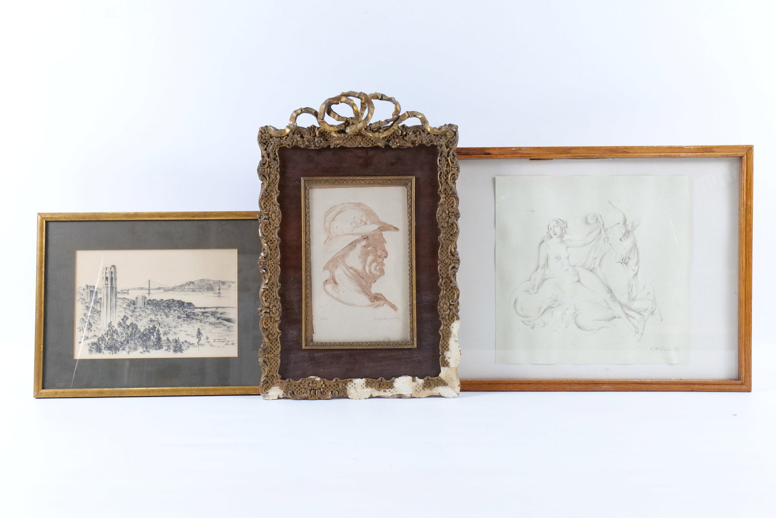 Trio of Vintage Framed Sketches: Trio of Vintage Framed Sketches. Including Elena Pierova "Europe and the Bull" - 1995 - Charcoal Sketch depicting mythological scene - Signed lower right, Alan Peters "The Golden Gate from Telegraph H