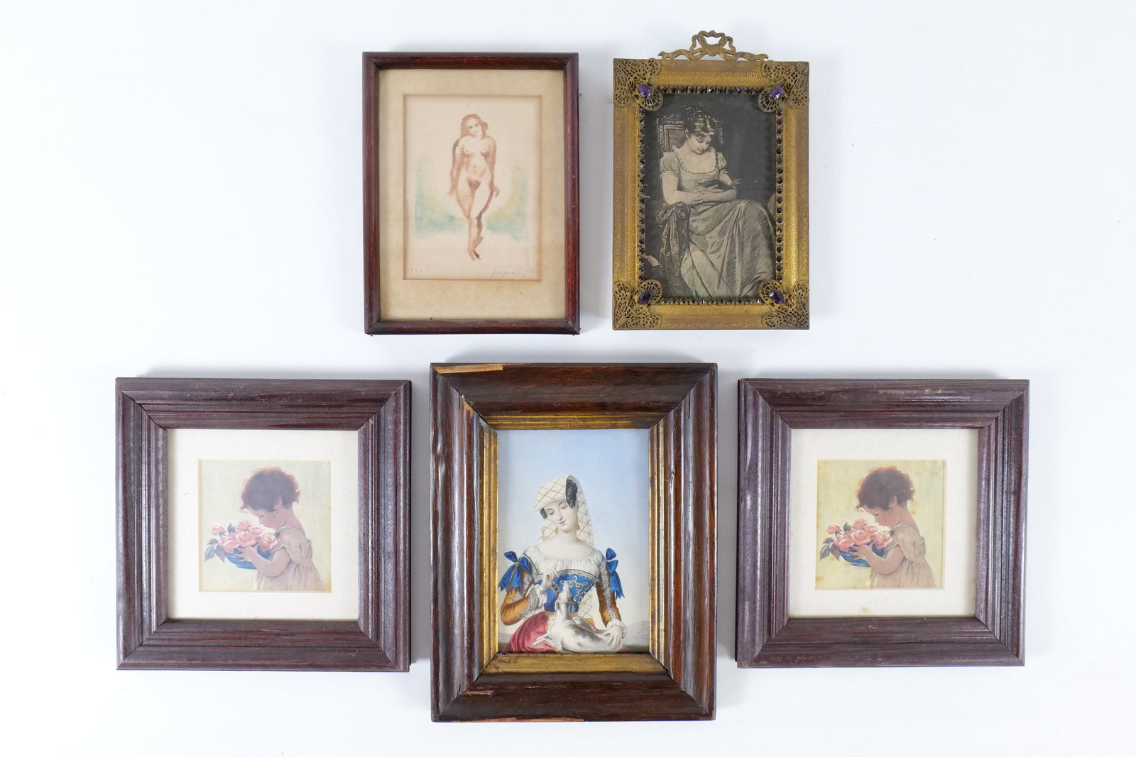 Lot of 5 Pieces of Art: Lot of 5 Pieces of Art. Including Victorian Style Jeweled Framed Print, Classical European Portrait Print of Lady with Greyhound, Figurative Nude Sketch - Signed and Dated 1922, and Pair of Young Girl