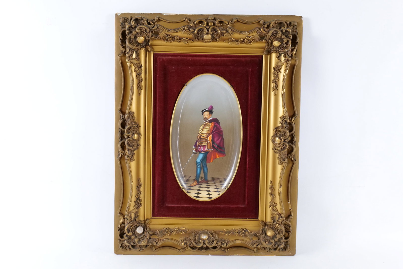 Antique Hand Painted Porcelain Plaque - Portrait of Gentleman: Antique Hand Painted Porcelain Plaque - Portrait of Gentleman. Signed JB. Framed and Matted with Red Velvet. No outer glass to frame. Measures 25.5" tall x 19.5" wide. All invoices must be paid within