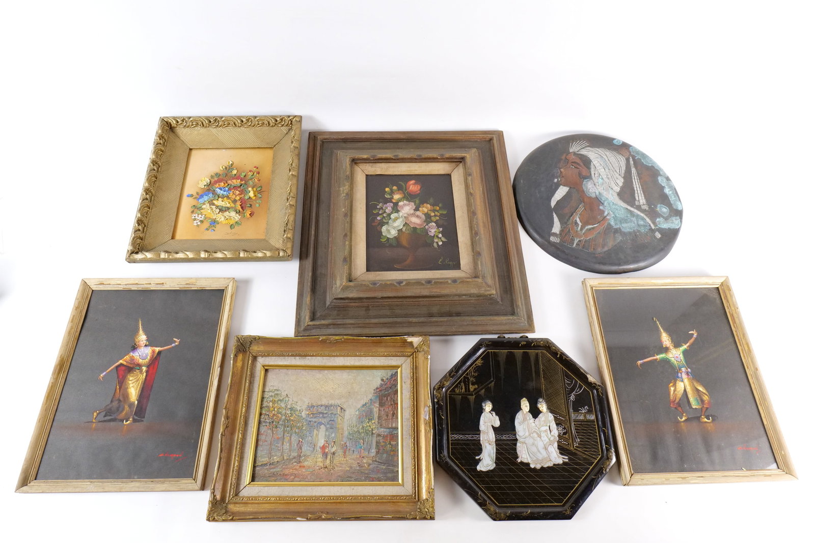 Lot of Vintage Art and Global Decor Pieces: Lot of Vintage Art and Global Decor Pieces. Including Pair of Thai Traditional Dancers Paintings on Paper - Signed Charoen - One frame missing glass, Textured Oil Study of Roses - Signed Dilyas, Vinta