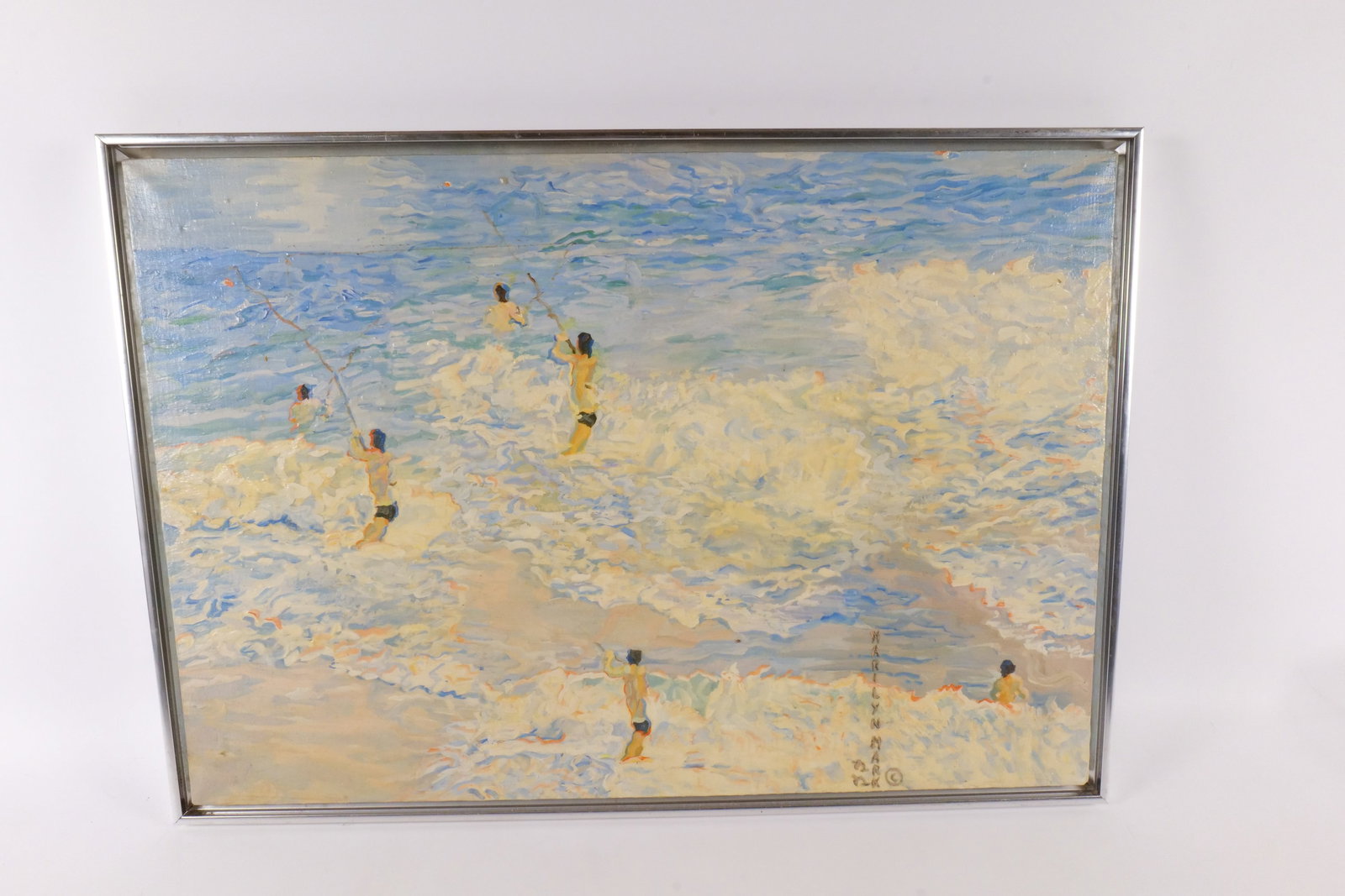 Original Acrylic on Linen by Marilyn Mark: Original Acrylic on Linen by Marilyn Mark (1930-2009). Entitled "The Duality of Things". Signed on Front and Signed on Back with Paper label on the back. Dated 1979. Measures 23.5" tall x 33.5" wide. 