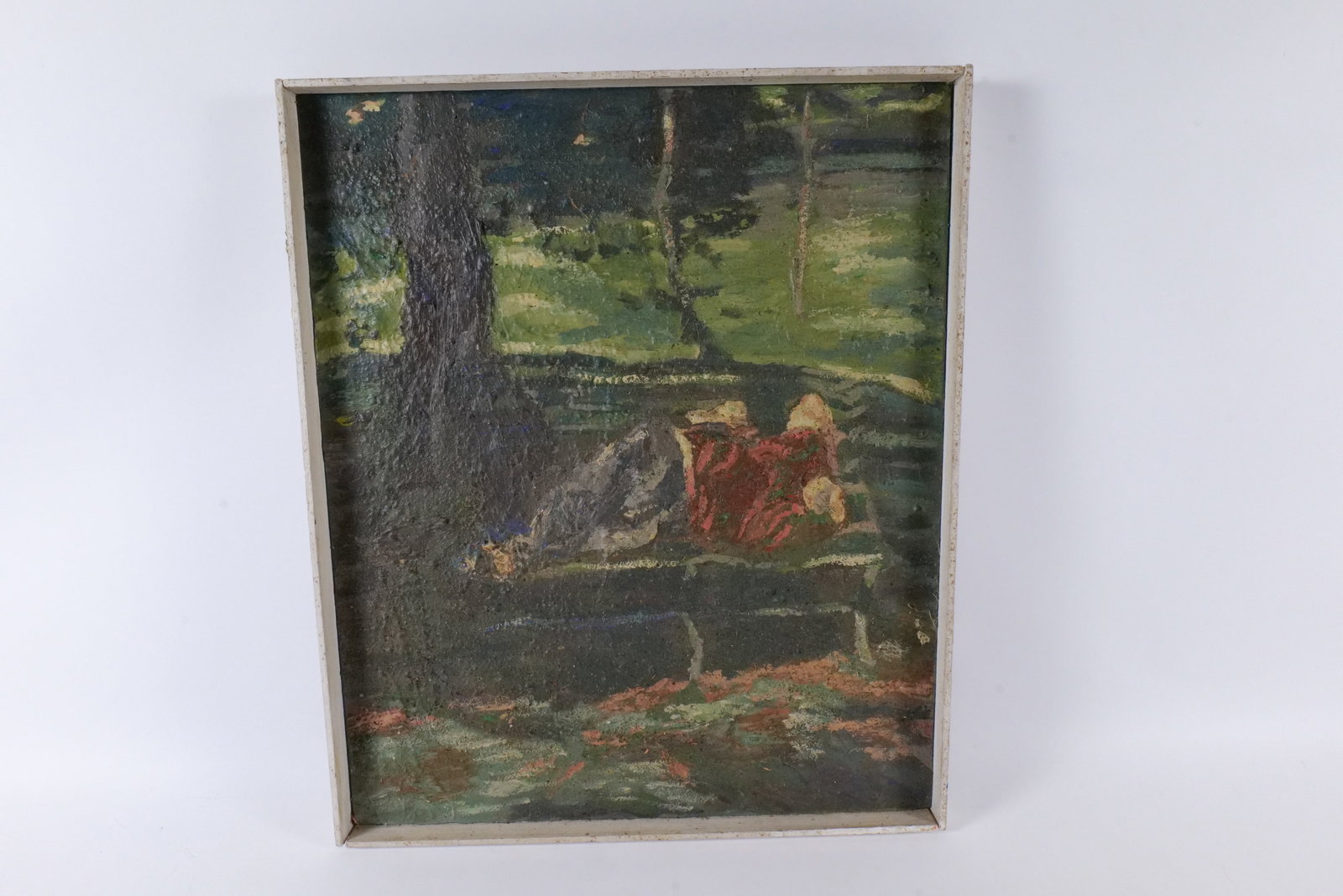 Original Acrylic on Canvas by Marilyn Mark: Original Acrylic on Canvas by Marilyn Mark (1930-2009). Entitled "On An Afternoon in the Park". Textured with Nature's Substance. Signed on Back. Dated 1970. Measures 24.5" tall x 21" wide. All invoic