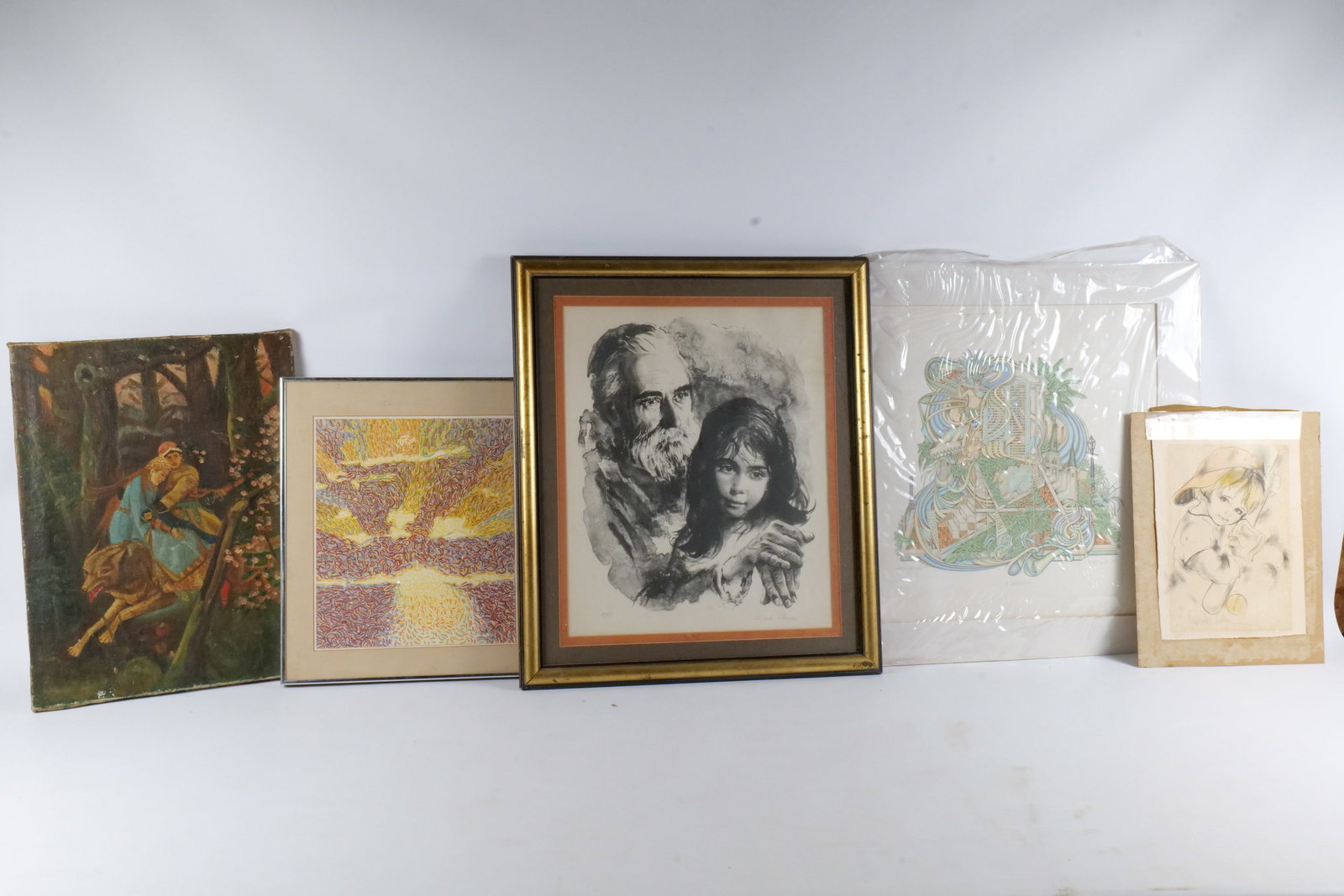 Group Lot of Art: Group Lot of Art. Including Oil on Canvas depicting couple riding a wolf, Unframed Portrait of Little League Baseball Player - Signed Kullan, Framed Mixed Media Abstract - Unsigned, Framed Artist Proo