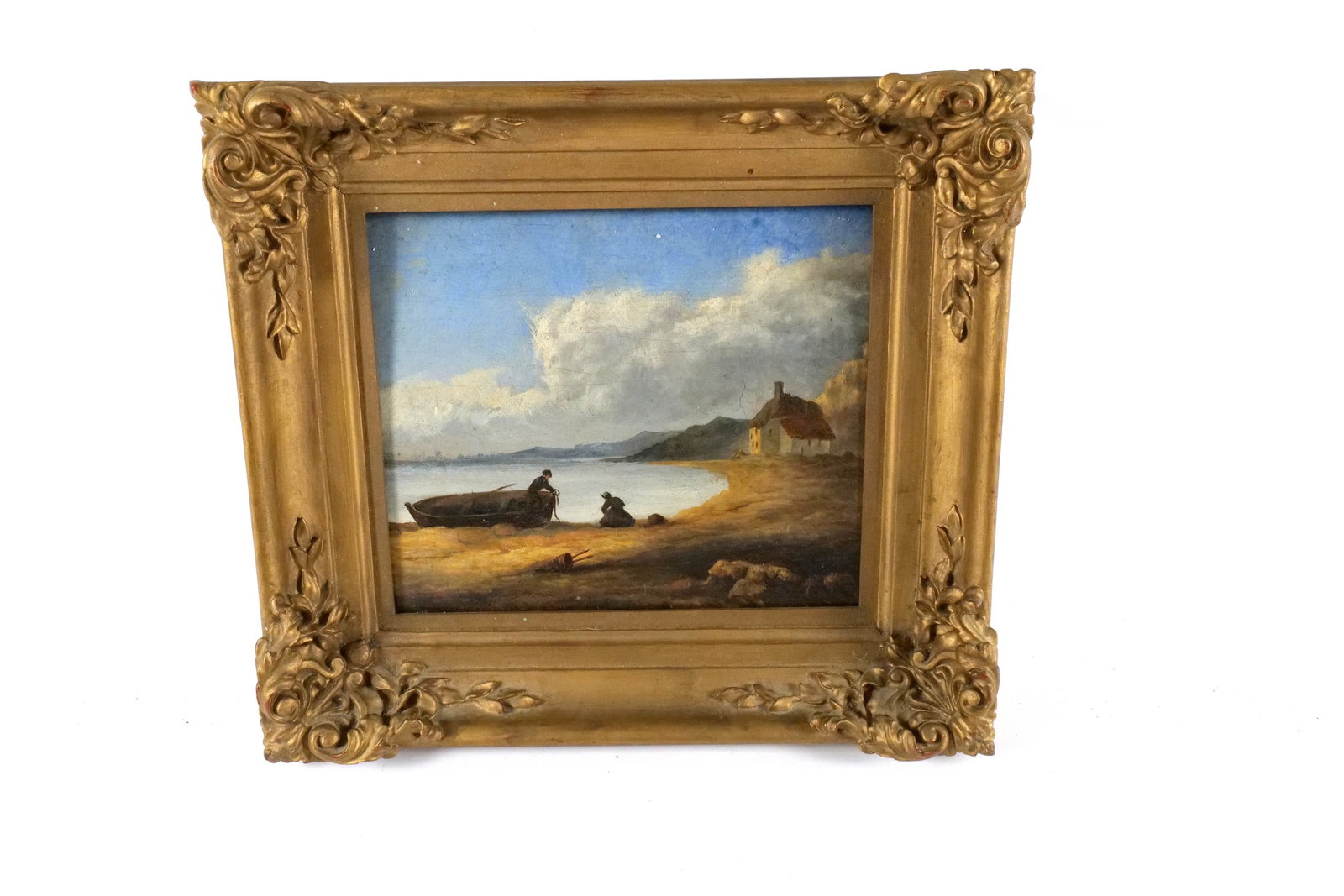 19th Century Oil on Wood Panel: 19th Century Oil on Wood Panel. Depicting House by a lake with figures and rowboat. Artist signed lower right. Measures 11.5" tall x 13" wide. All invoices must be paid within 24 hours of the sale. We