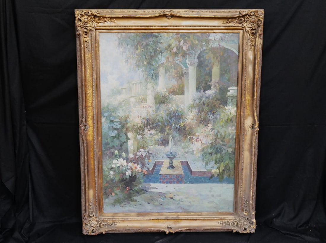 Oversized Oil on Canvas by Latte: Oversized Oil on Canvas by Latte depicting an Impressionist Garden scene, signed lower left, circa late 20th century. Measures 60 inches tall by 47.5 inches long, frame as found with some chipping but