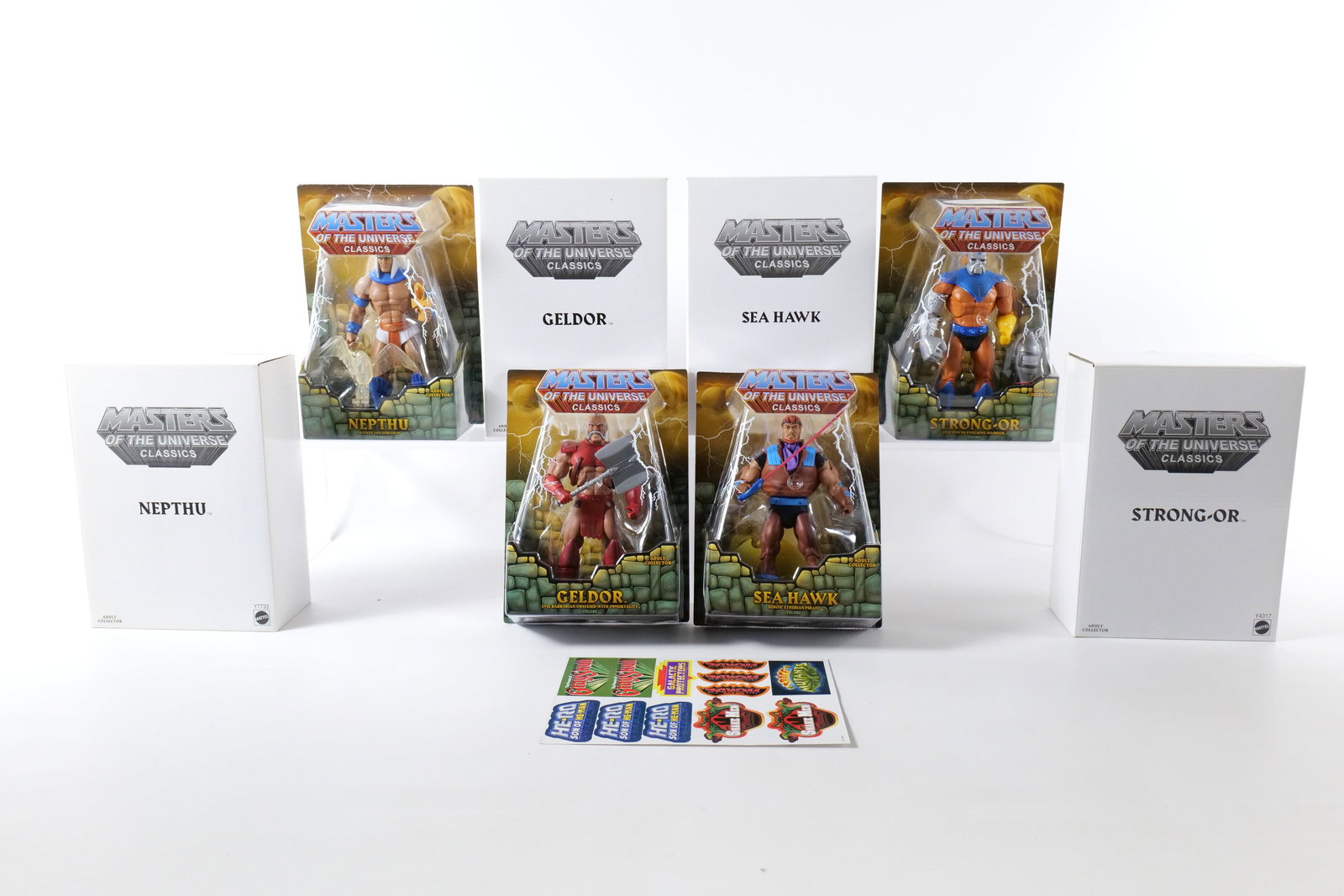 Lot of 4 Masters of the Universe Classics Action Figures: Lot of 4 Masters of the Universe Classics Action Figures. MOTU. Including Geldor, Sea Hawk, Strong-Or, and Nepthu. All New in Package - All come with the white outer boxes. Made by Mattel - 2013. All 