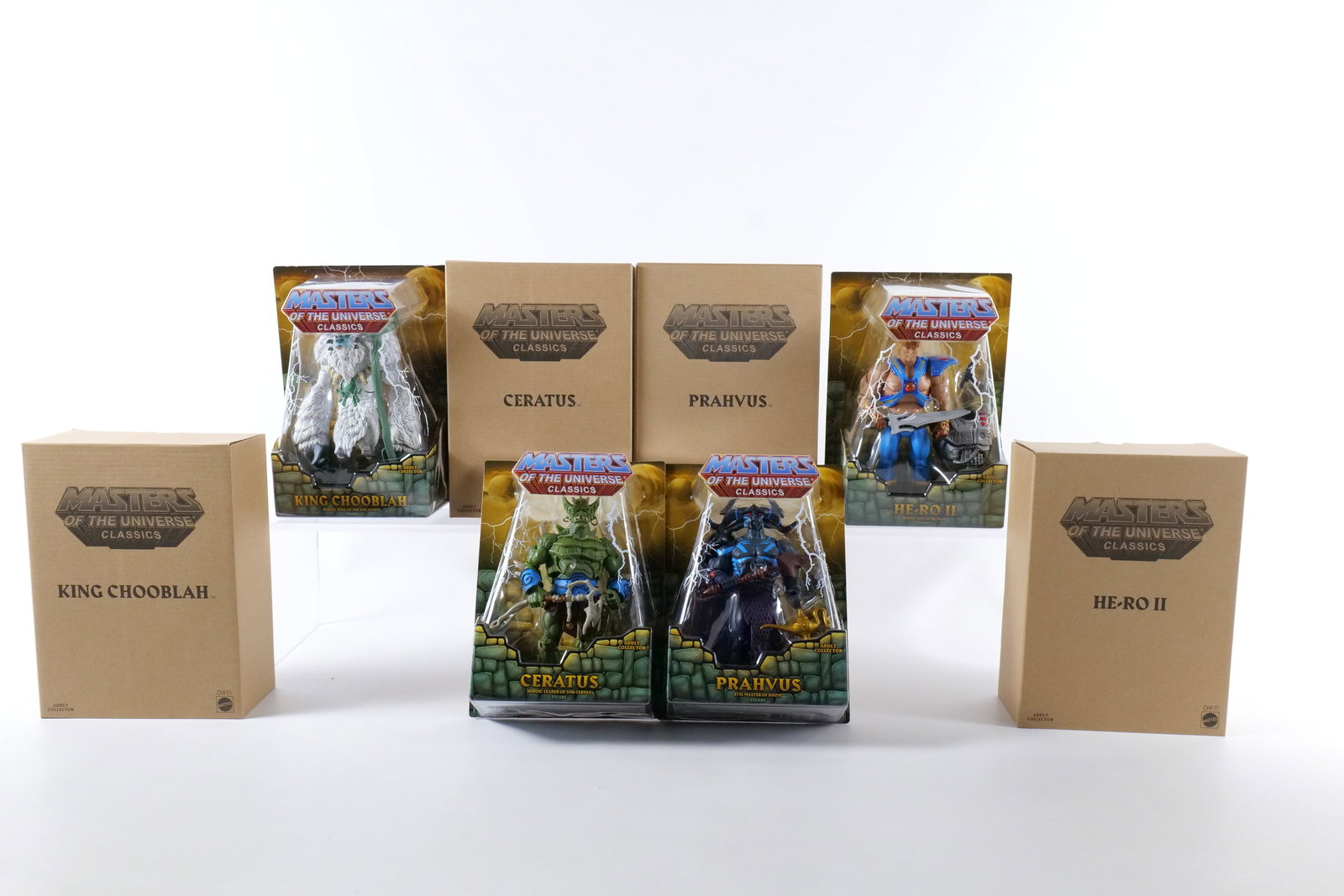 Lot of 4 Masters of the Universe Classics Action Figures: Lot of 4 Masters of the Universe Classics Action Figures. MOTU. Including He-Ro II, King Chooblah, Prahvus, and Ceratus. All New in Package - All come with the brown outer boxes. Made by Mattel - 2015