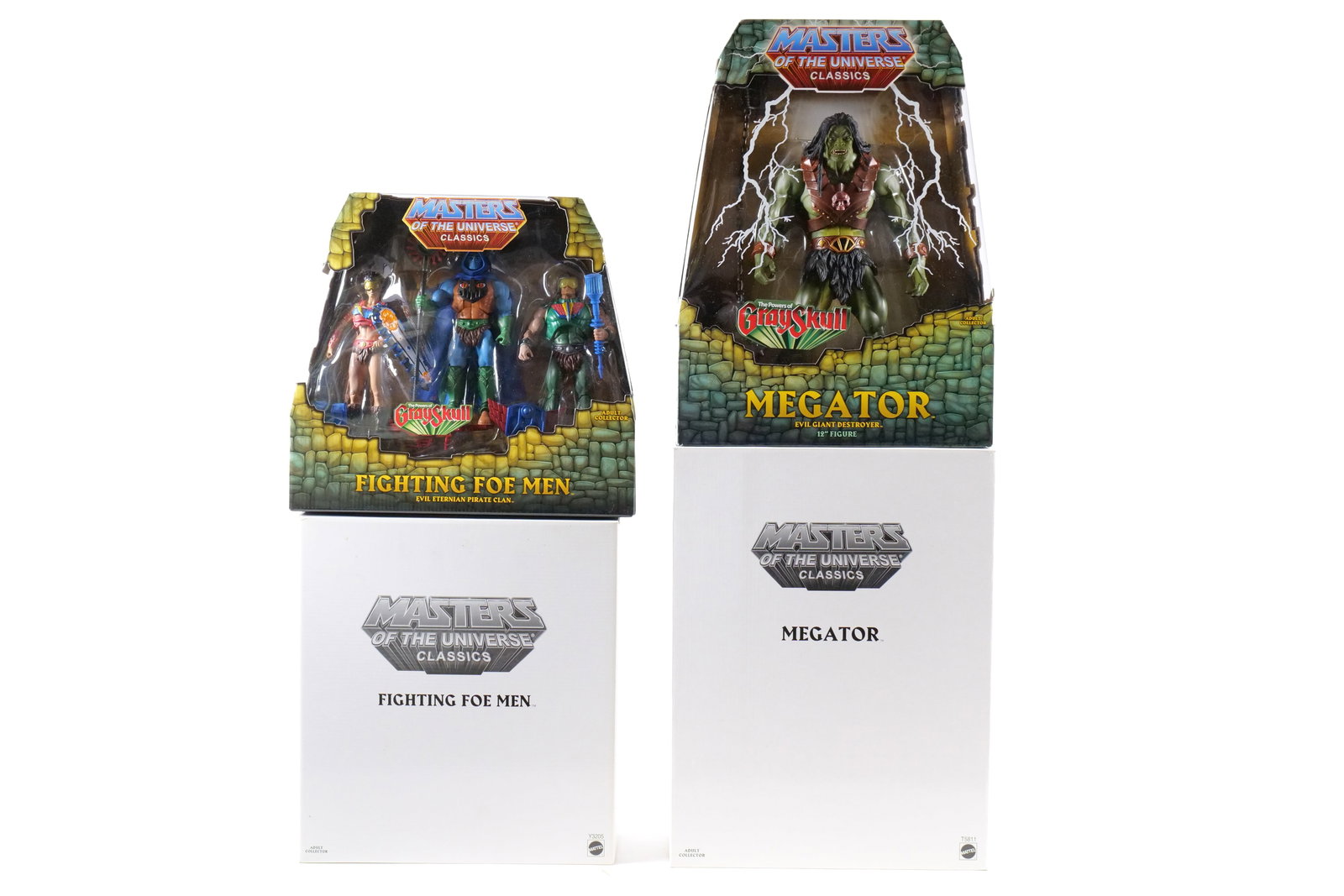 Lot of Masters of the Universe Classics Figures - The Powers of Gray Skull: Lot of Masters of the Universe Classics Figures - The Powers of Gray Skull - Motu. Including Megator 12" Figure and Fighting Foe Men 3 Pack. Both are Sealed in Package with white outer boxes. Mattel -