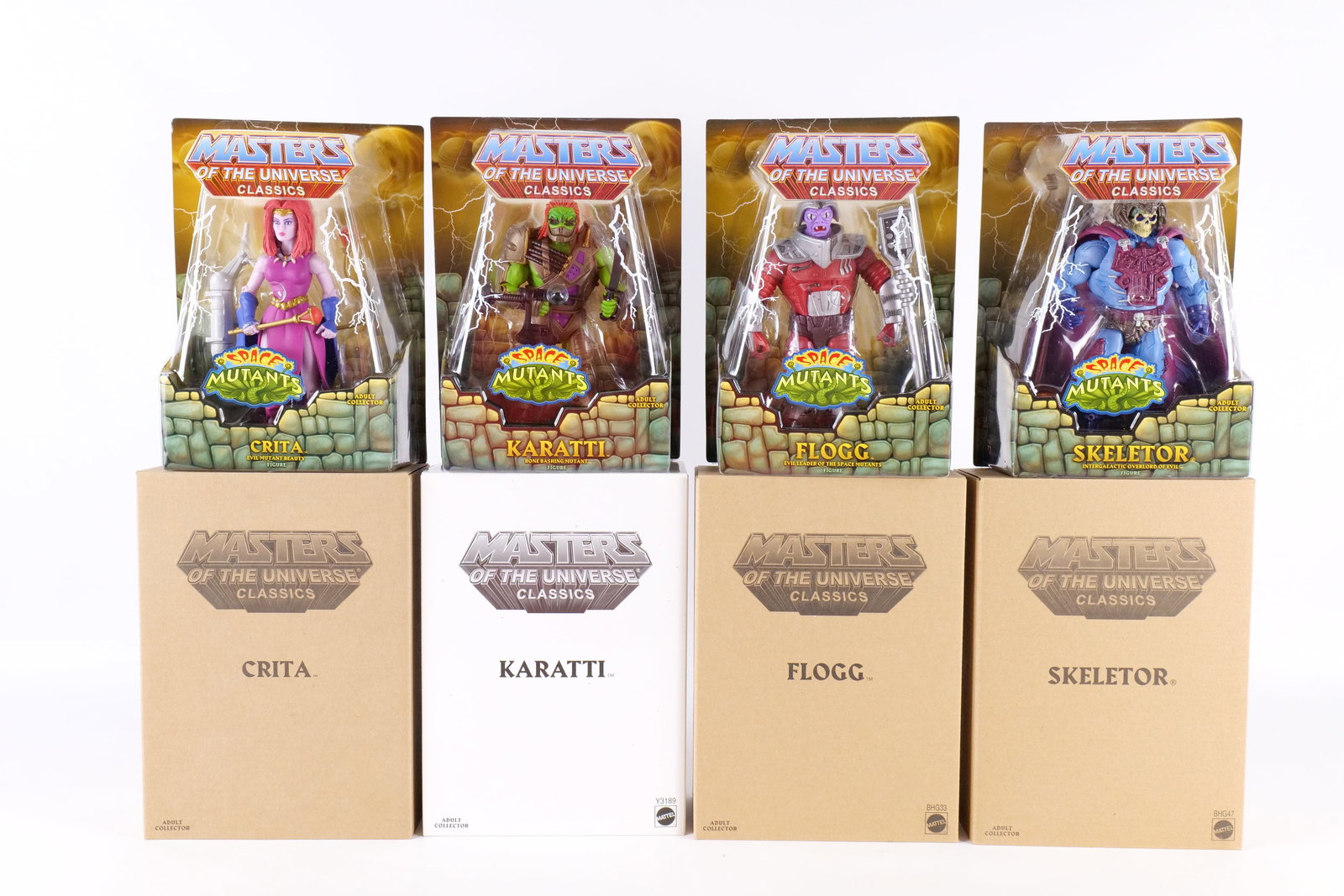Lot of 4 Masters of the Universe Space Mutants Action Figures: Lot of 4 Masters of the Universe Space Mutants Action Figures - MOTU. Including Karati, Flogg, Skeletor, and Crita. Mattel - Matty Collector 2013/2014/2015. All sealed in package and comes with the br