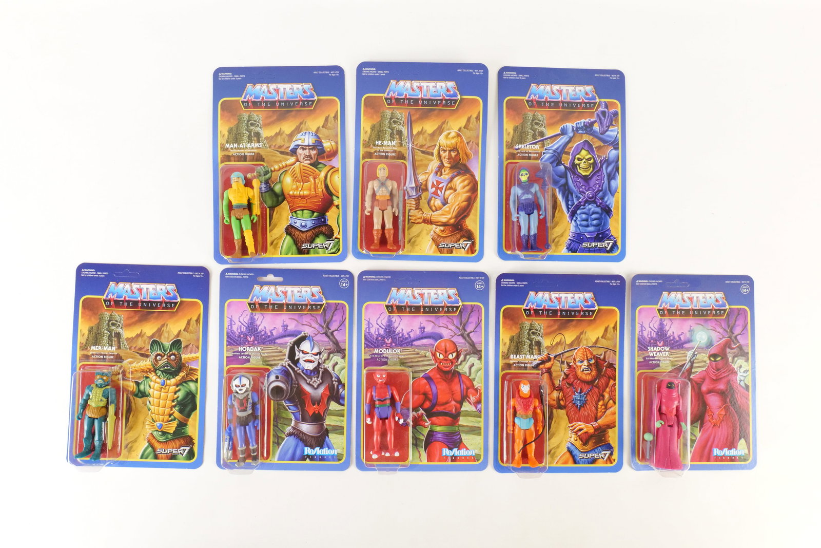 Lot of 8 Super7 ReAction Masters of the Universe Figures: Lot of 8 Super7 ReAction Masters of the Universe Figures. Including Modulok, Mer-Man, Shadow Weaver, Horduk, Man-At-Arms, Skeletor, He-Man, and Beast Man. All sealed on card. All invoices must be paid