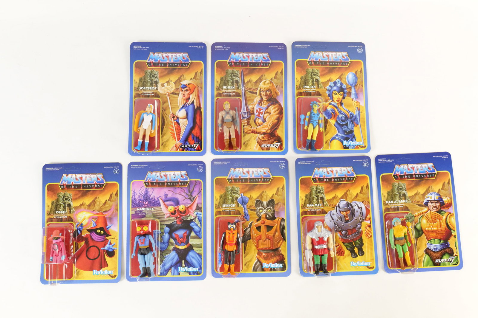 Lot of 8 Super7 ReAction Masters of the Universe Figures: Lot of 8 Super7 ReAction Masters of the Universe Figures. Including Mantenna, Evil-Lyn, Orko, Ram Man, He-Man, Man-At-Arms, Sorceress, and Stinkor. All sealed on card. All invoices must be paid within