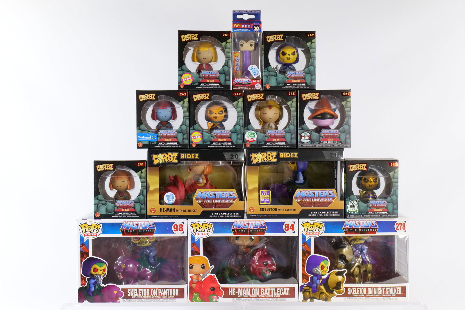 Group Lot of Funko Masters of the Universe Rides and Dorbz: Group Lot of Funko Masters of the Universe Rides and Dorbz. Including POP Rides: He-Man on Battlecat #84, Skeletor on Panthor #98 and Skeletor on Night Stalker #278, Dorbz Ridez: He-Man with Battle Ca