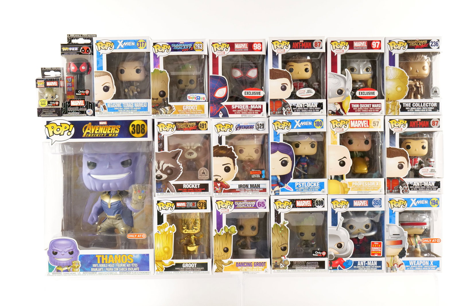 Lot of Marvel Funko Pop Figures: Lot of Marvel Funko Pop Figures. Including Guardians of the Galaxy: Dancing Groot #65, Guardians of the Galaxy Vol. 2: Groot #263 TRU Exclusive, Guardians of the Galaxy Mission Breakout: The Collector