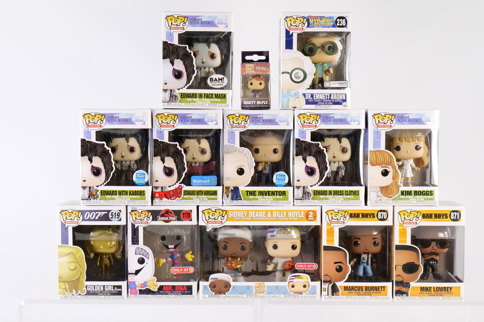 Lot of 12 Funko Movies Pop Figures: Lot of 12 Funko Movies Pop Figures. Including Edward Scissorhands: Edward in Dress Clothes #980, Kim Boggs #981, Edward with Kabobs #982 Limited Edition, Edward in Face Mask #983 BAM, Edward with Kiri