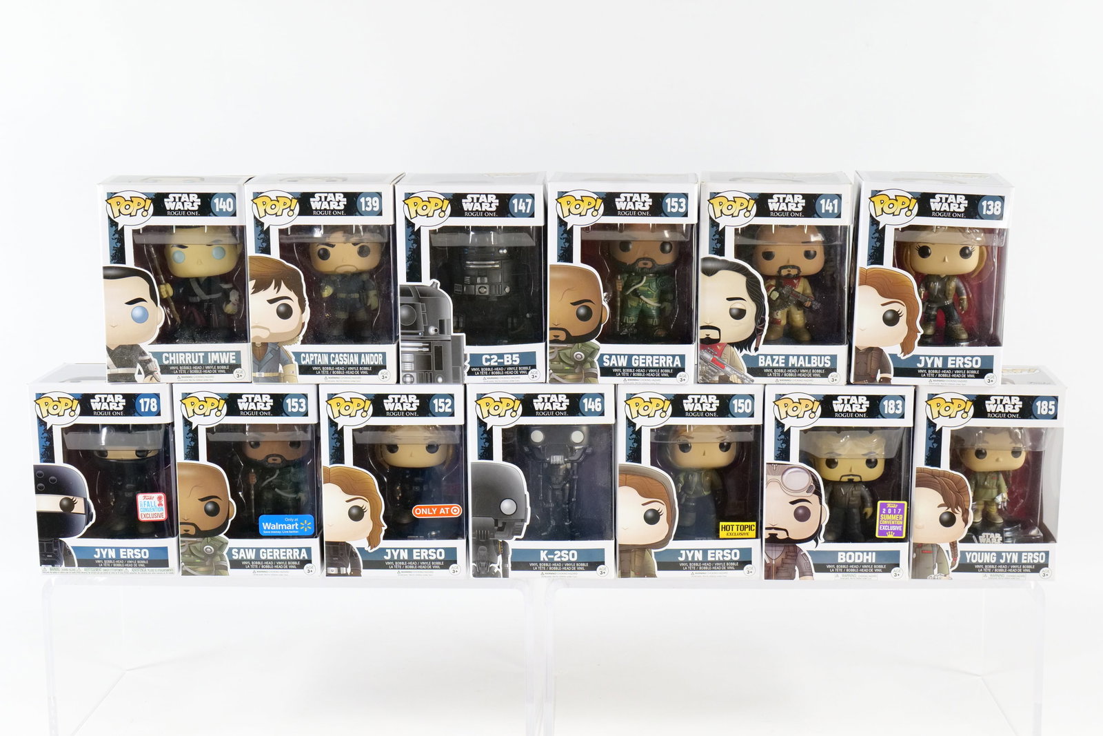 Lot of 13 Funko Star Wars Rogue One Pops: Lot of 13 Funko Star Wars Rogue One Pops. Including Jyn Erso #138, Captain Cassian Andor #139, Chirrut Imwe #140, Baze Malbus #141, K-2SO #146, C2-B5 #147, Jyn Erso #150 Hot Topic, Jyn Erso #152 Targe