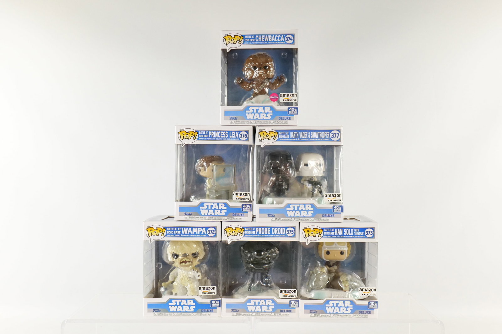 Lot of 6 Star Wars Deluxe Battle at Echo Base Figures: Lot of 6 Star Wars Deluxe Battle at Echo Base Figures. Including Wampa #372, Han Solo with Tauntaun #373, Chewbacca Flocked #374, Probe Droid #375, Princess Leia #376, and Darth Vader & Stormtrooper #