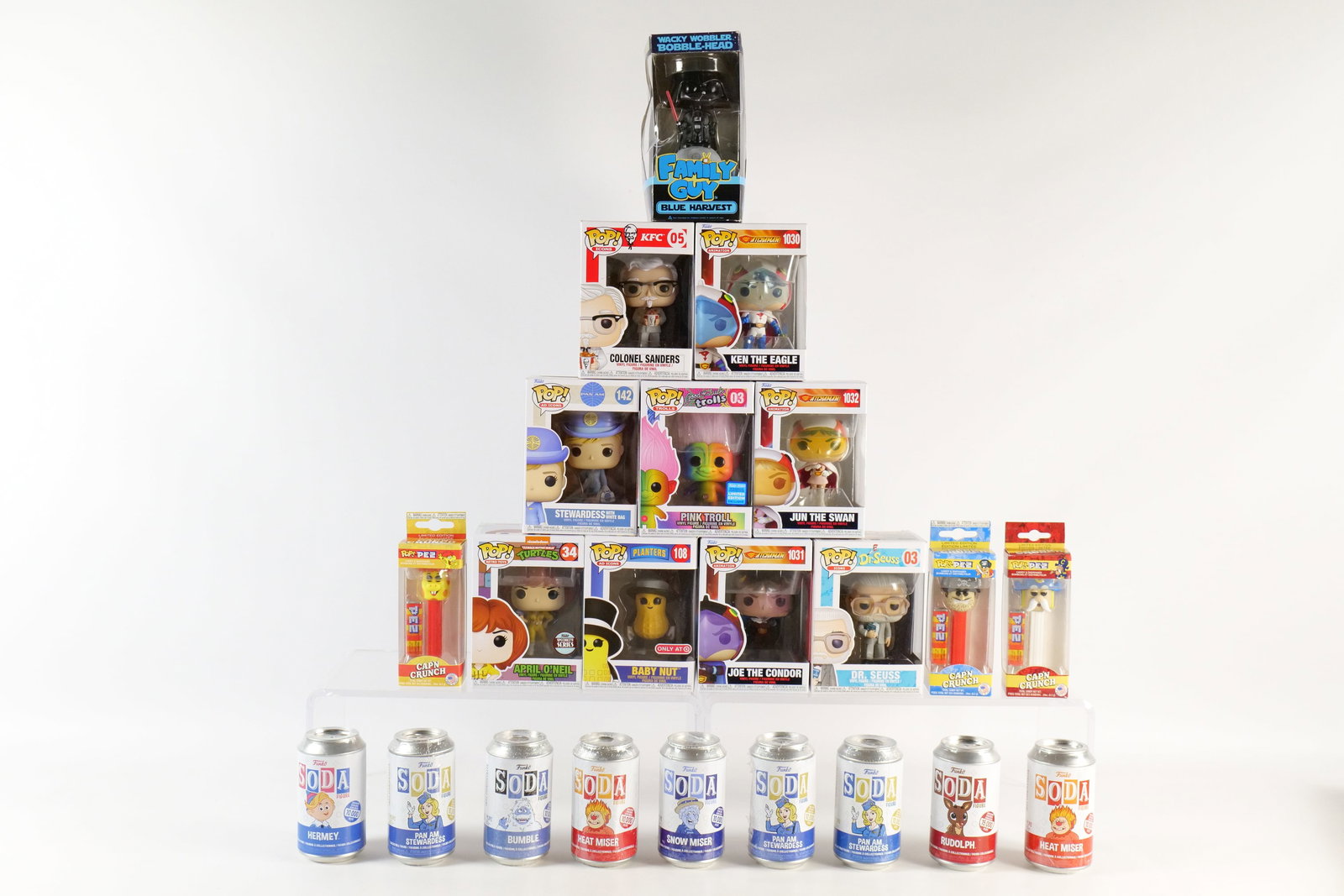 Lot of Funko Mixed Toys and Collectibles: Lot of Funko Mixed Toys and Collectibles. Including Pops: Baby Nut #105 Target, Colonel Sanders #05, Pan-Am Stewardess with White Bag #142, Dr. Seuss #03, Pink Troll #03 Limited Edition, Ninja Turtles