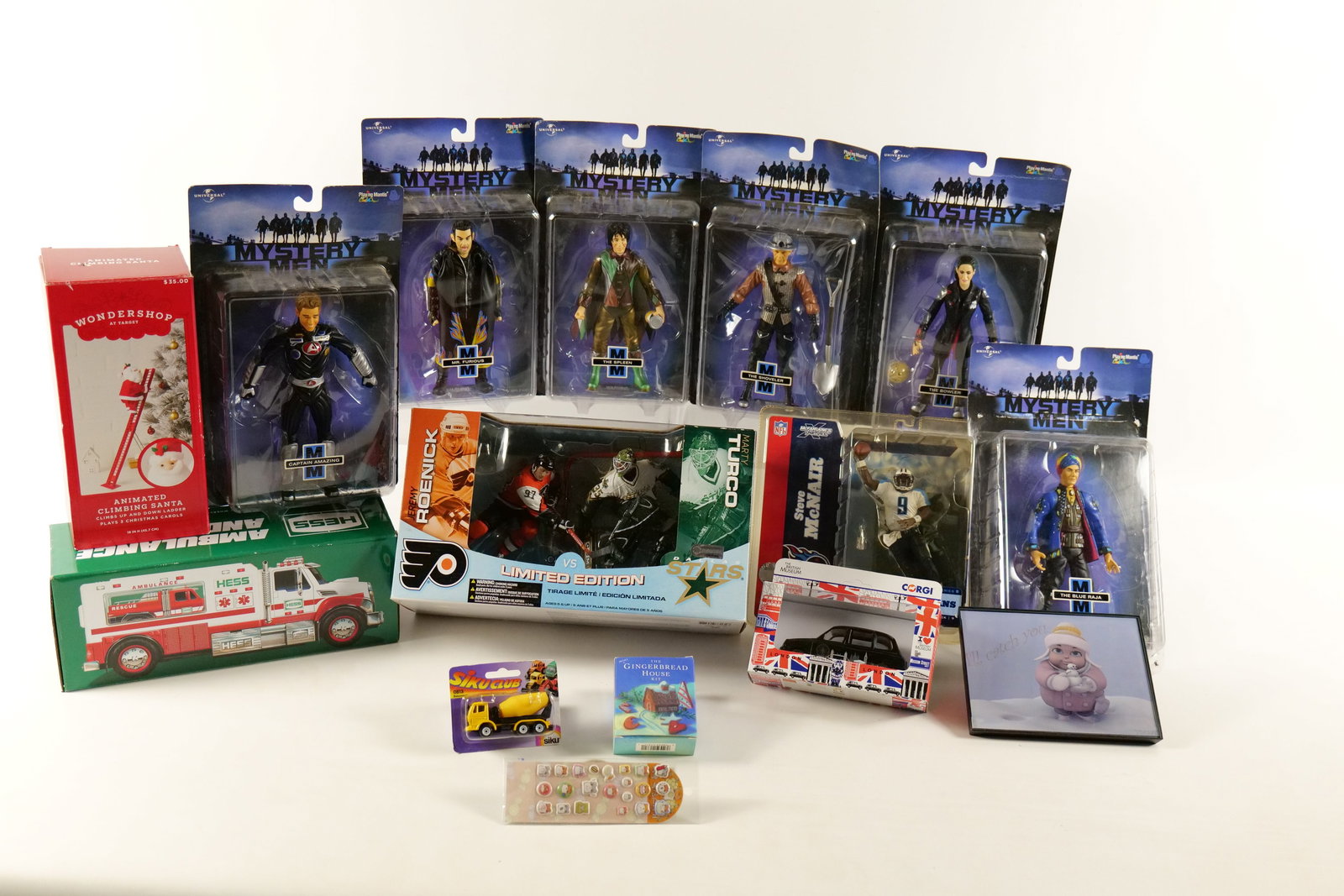 Lot of Mixed Toys and Collectibles: Lot of Mixed Toys and Collectibles. Including Mystery Men: The Spleen, Mr. Furious, The Blue Raja - Off Card, Captain Amazing, The Shoveler, and The Bowler, McFarlane Jeremy Roenick/Marty Turco Figure