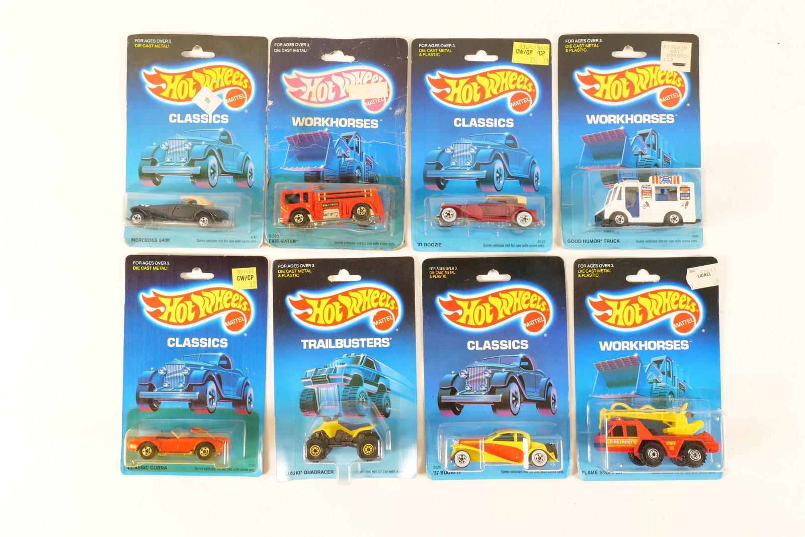 Lot of 8 Vintage Hot Wheels Cars: Lot of 8 Vintage Hot Wheels Cars. Including Classics: '37 Bugatti, '31 Doozie, Mercedes 540K, and Classic Cobra, Trailblazers: Suzuki Quadracer, and Workhorses: Good Humor Truck, Flame Stopper, and Fi